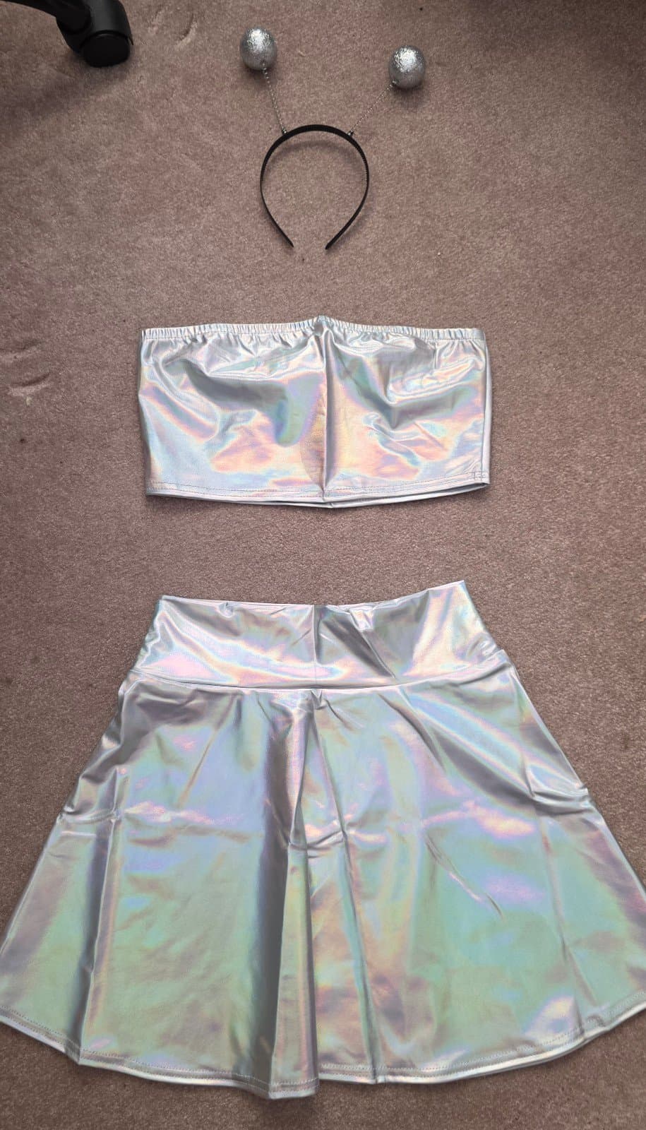 Women's Alien Costume Metallic Outfit Shiny Crop Top Flared Skirt Alien Headband - Thumbnail 5