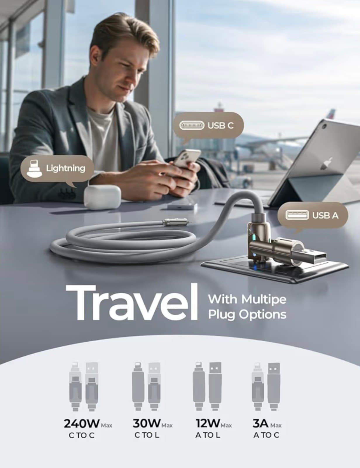 LISEN USB C to Lightning Cable, 240W 4 in 1 Charging Cable 6.6FT, Chubby USB A/C - Thumbnail 2