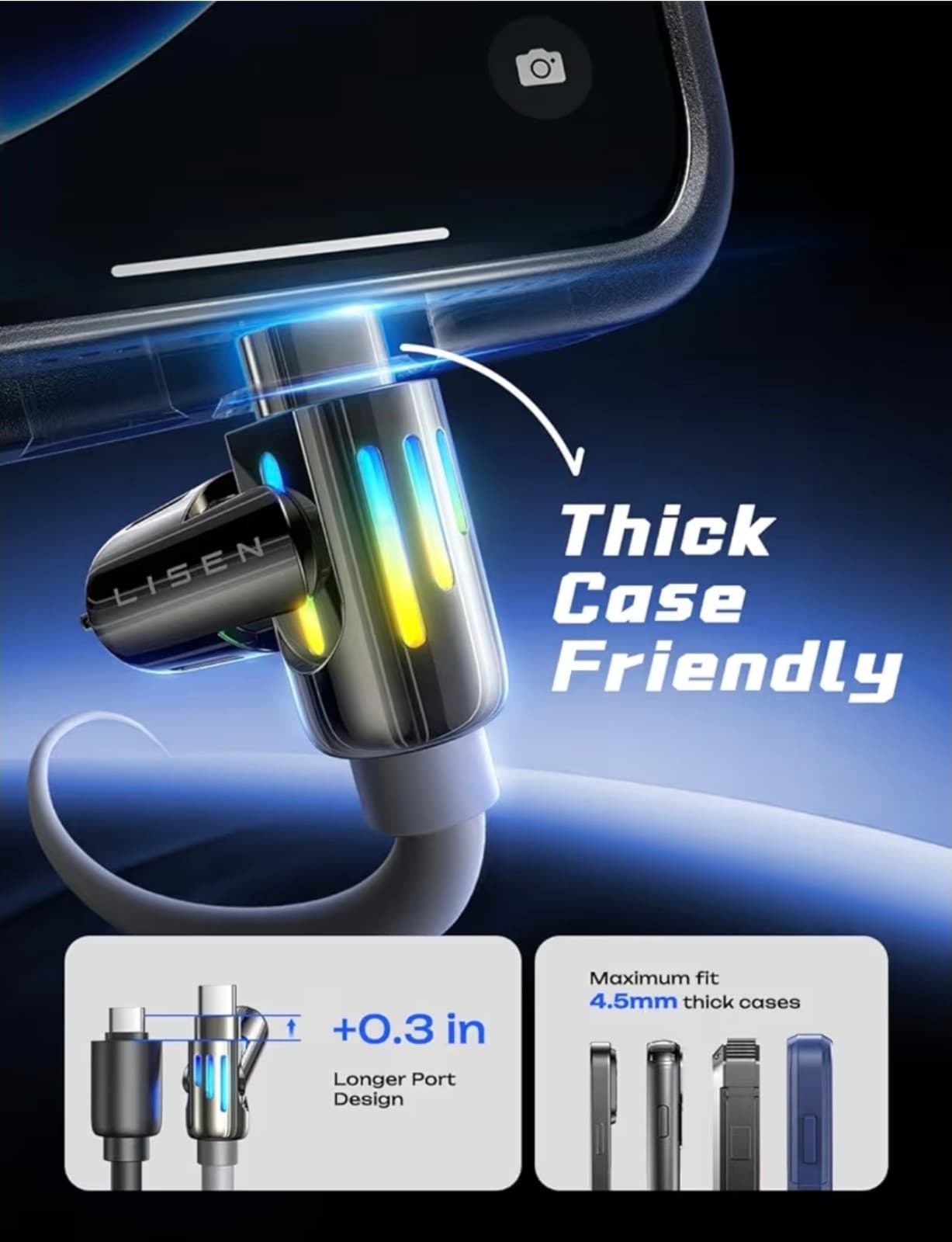 LISEN USB C to Lightning Cable, 240W 4 in 1 Charging Cable 6.6FT, Chubby USB A/C - Thumbnail 5