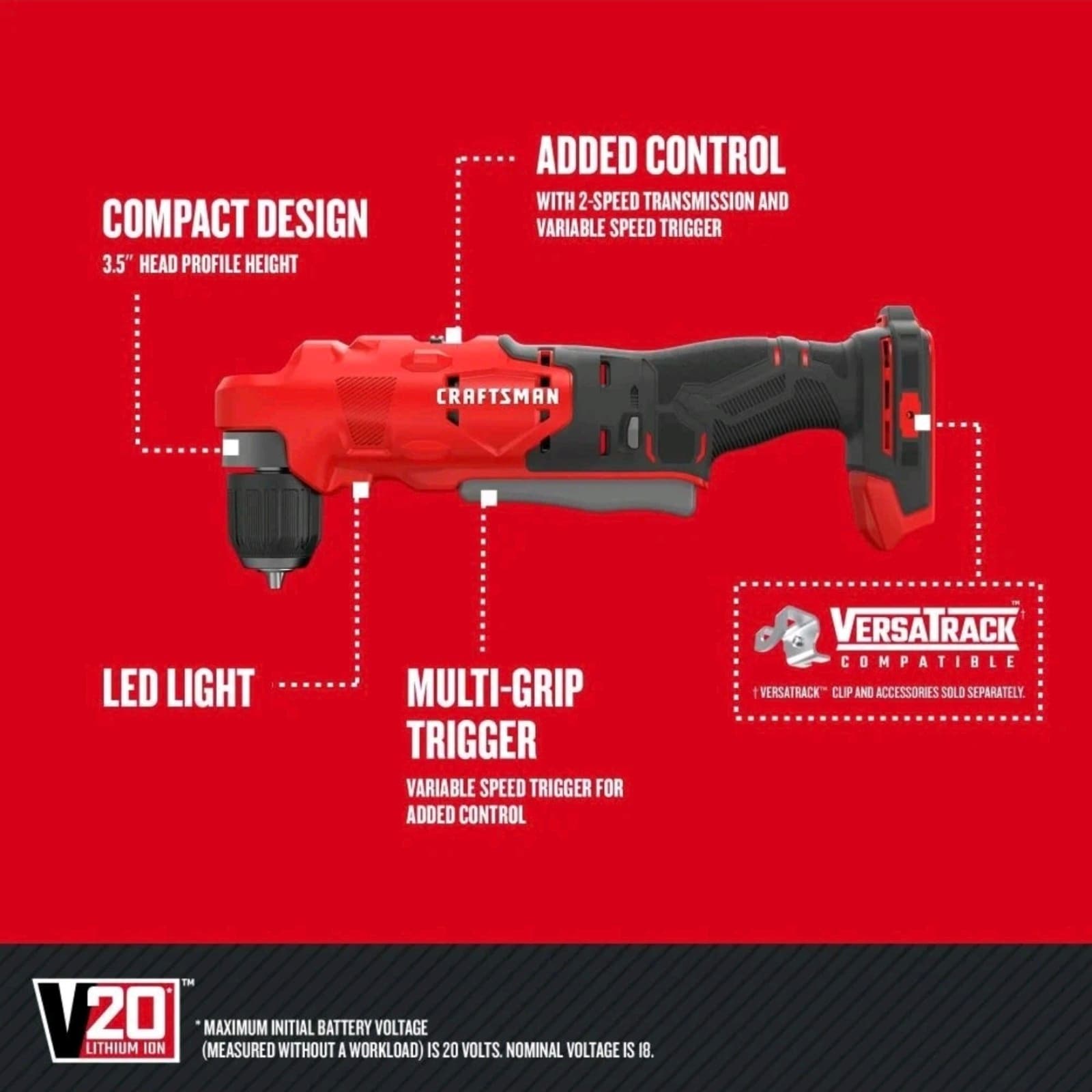 Craftsman V20 Cordless 3/8-Inch Right Angle Drill (Tool Only) - Thumbnail 2