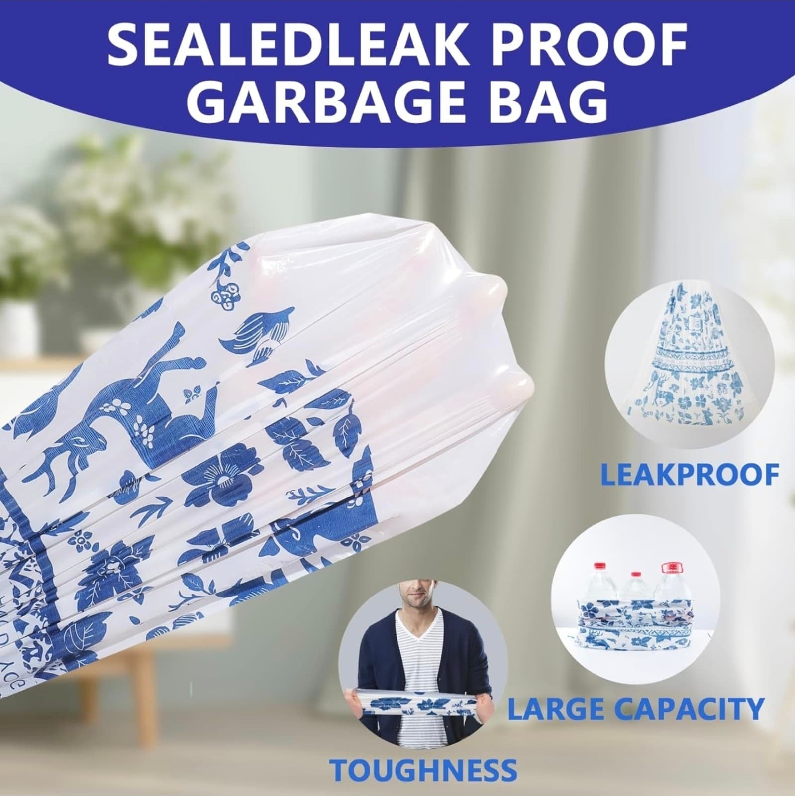 4 Gallon Trash Bags Drawstring, Printed Small Garbage Bags with Secure Tie - Thumbnail 3