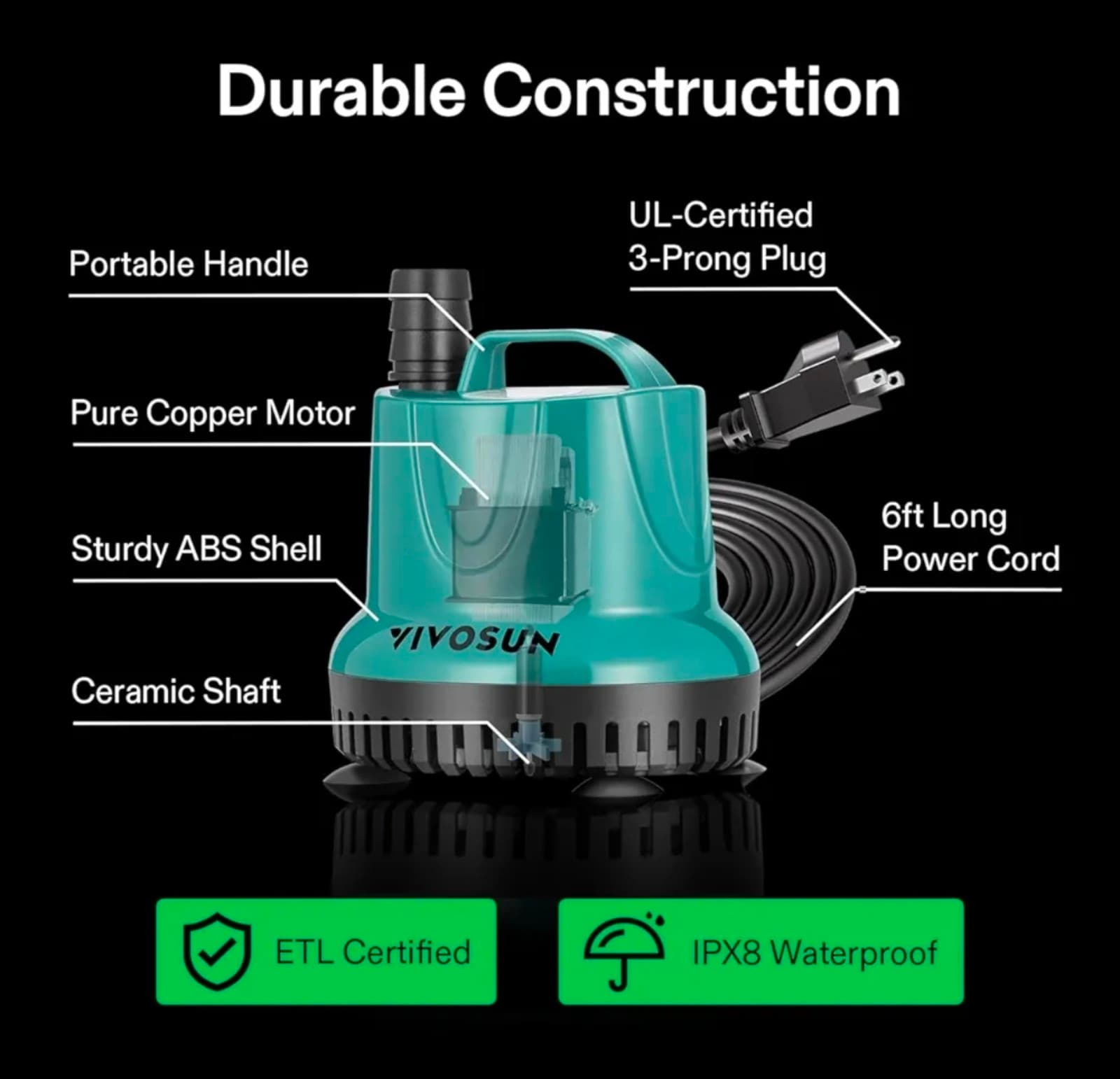 Submersible Water Pump for Fish Tank, Pond, Aquarium, Hydroponic Systems - Thumbnail 2