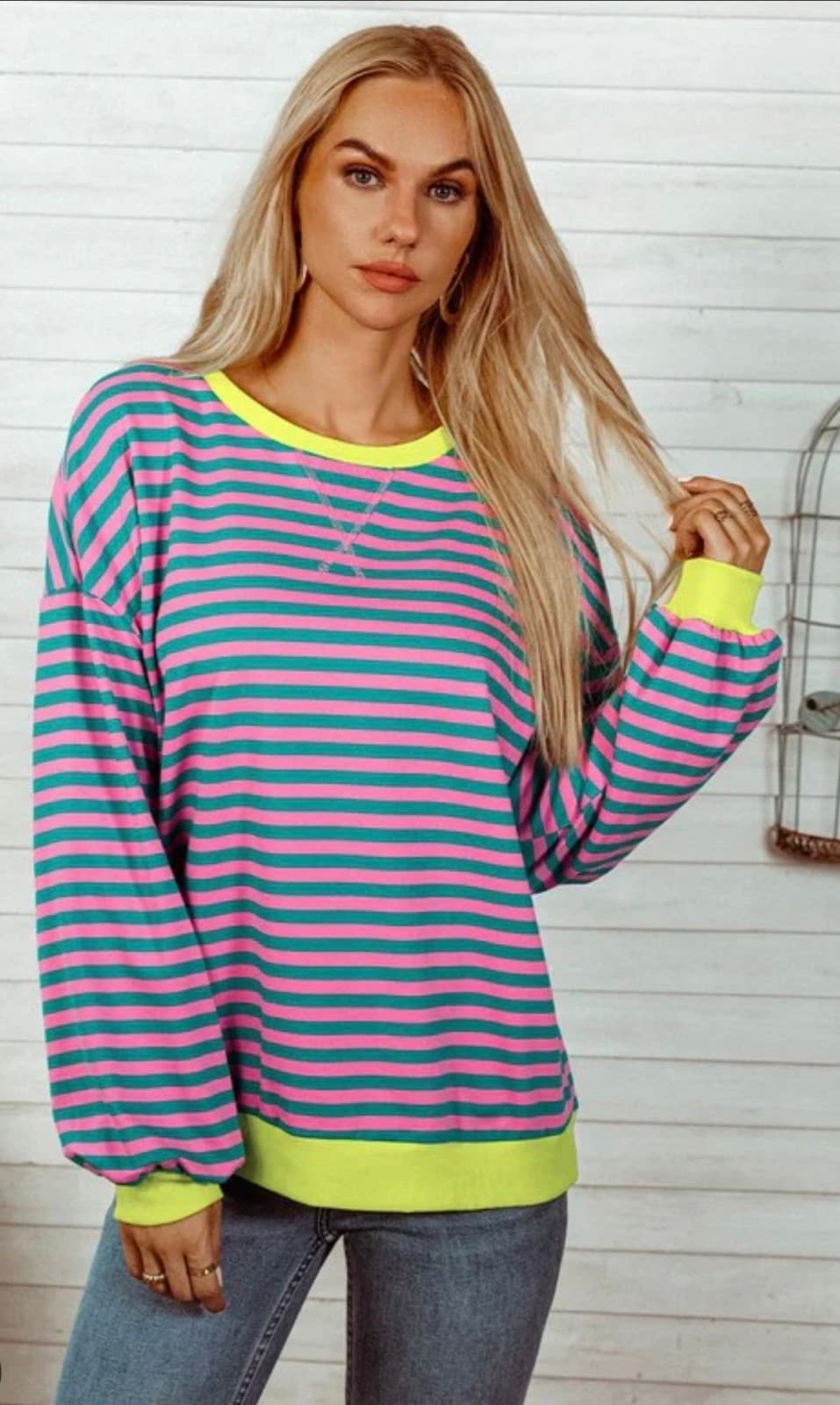 Women's Pink & Green Stripe Oversized Pullover Sweatshirt sz L - Image 1