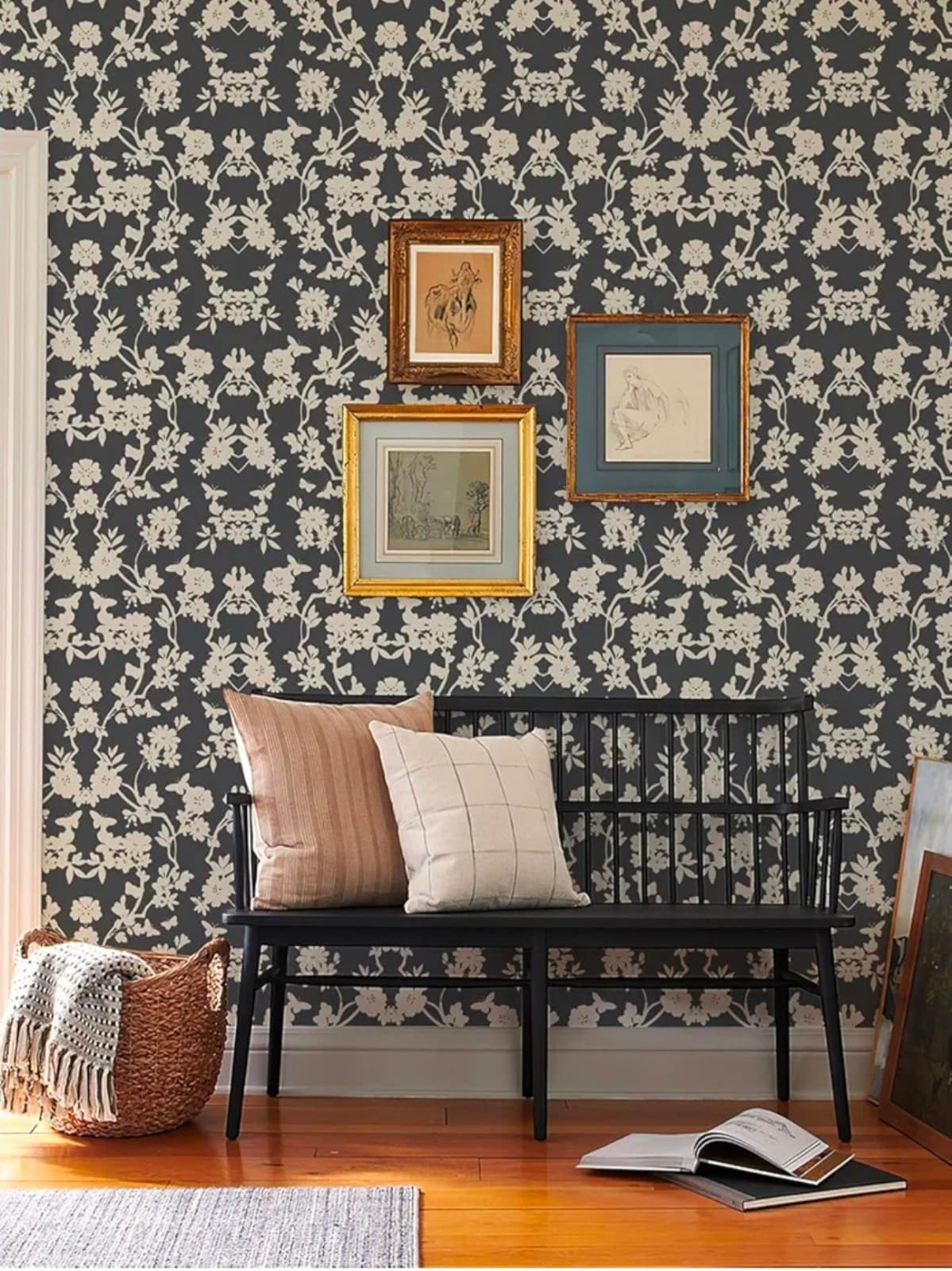 Peel and Stick Wallpaper - Floral Damask Pattern in Charcoal Black and C - Thumbnail 3
