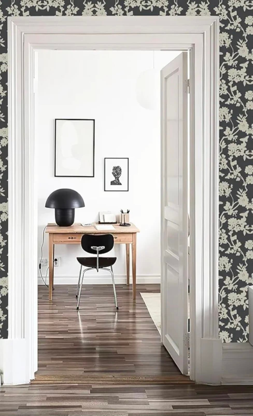Peel and Stick Wallpaper - Floral Damask Pattern in Charcoal Black and C - Thumbnail 4