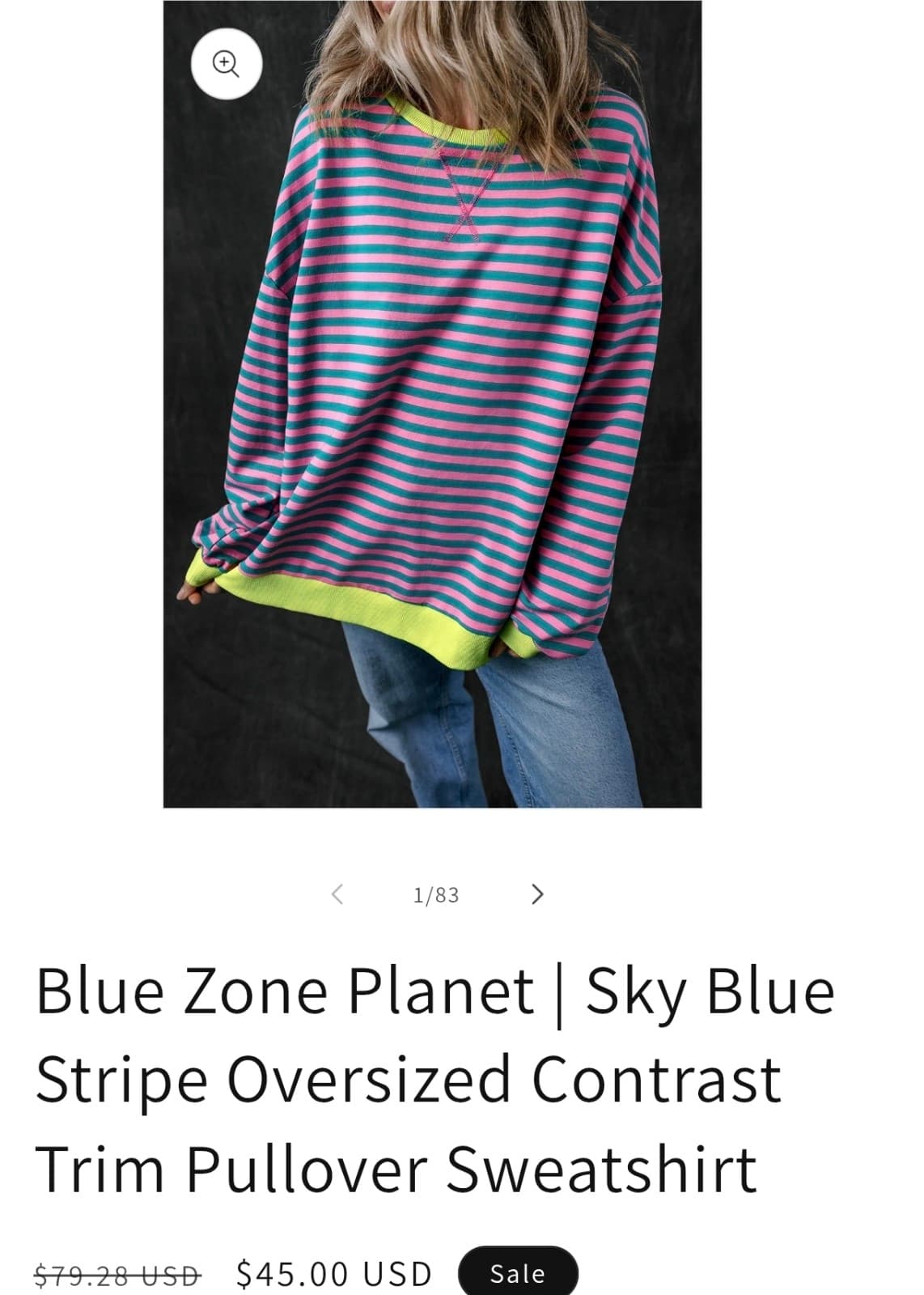 Women's Pink & Green Stripe Oversized Pullover Sweatshirt sz L - Thumbnail 2