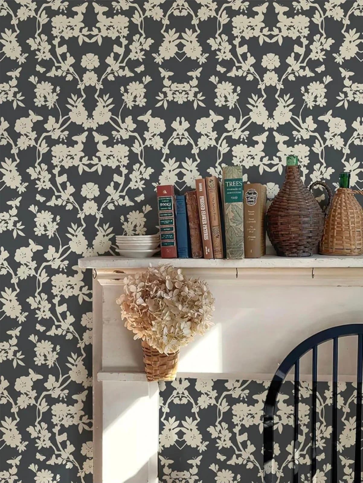 Peel and Stick Wallpaper - Floral Damask Pattern in Charcoal Black and C - Thumbnail 2