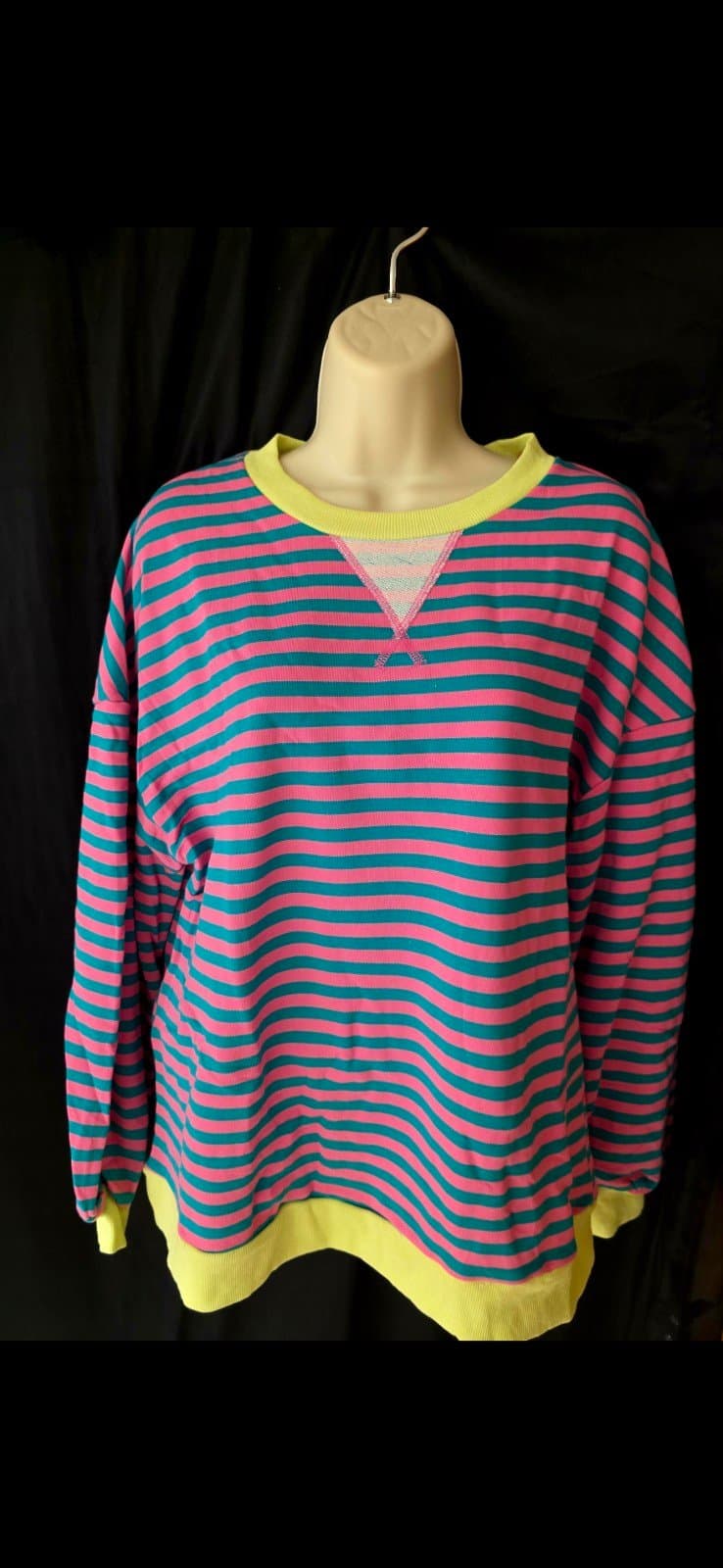 Women's Pink & Green Stripe Oversized Pullover Sweatshirt sz L - Thumbnail 3