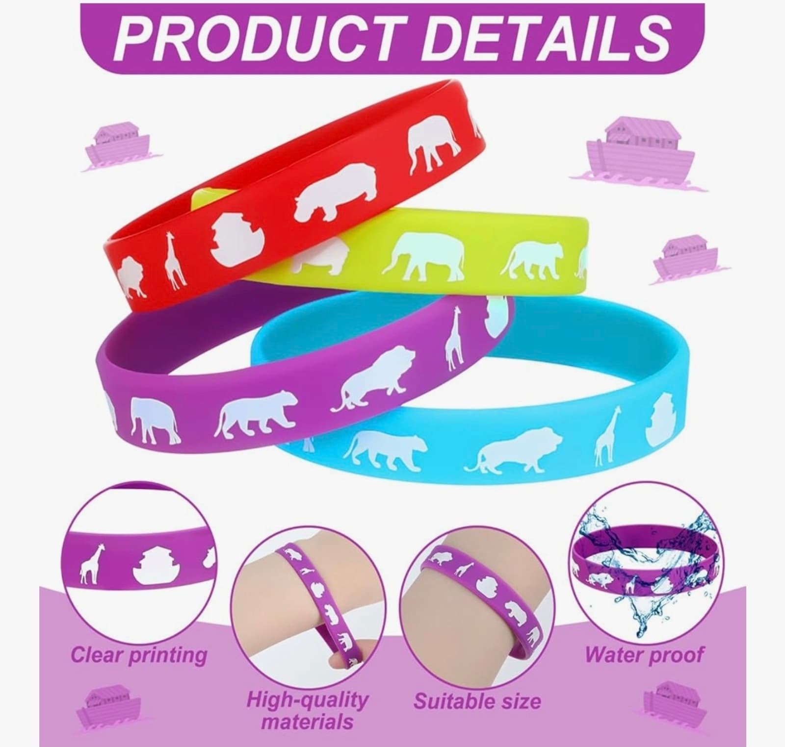 Noah's Ark Rubber Bracelets Bulk Christian Rubber Wristbands Cute Noahs Ark - Thumbnail 2