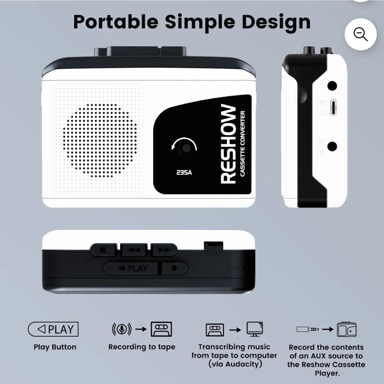 Cassette Tape Recorder Portable with Built-in Speaker USB C Converter White - Thumbnail 2