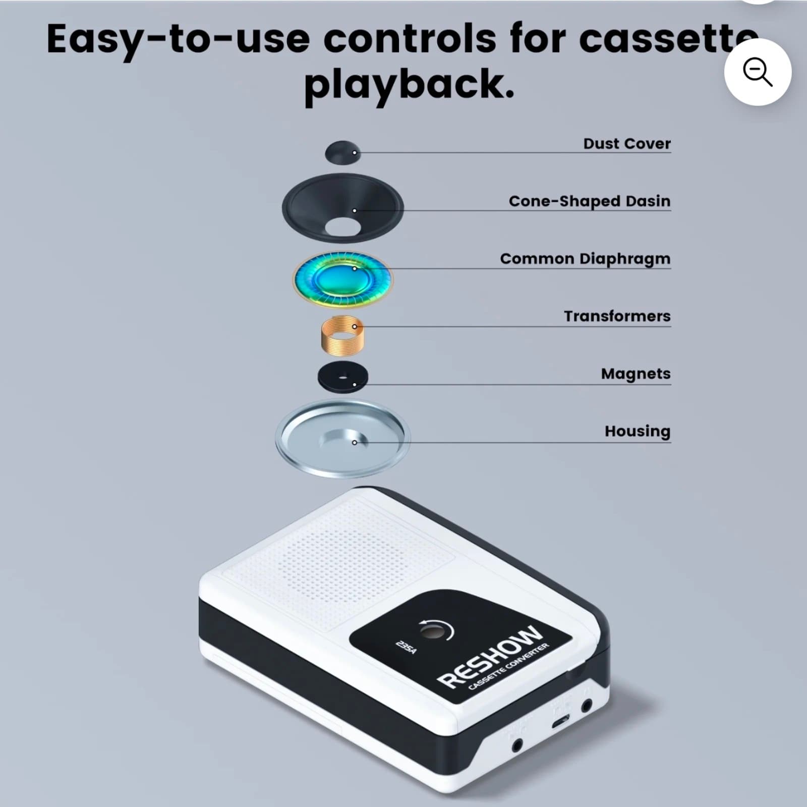 Cassette Tape Recorder Portable with Built-in Speaker USB C Converter White - Thumbnail 6