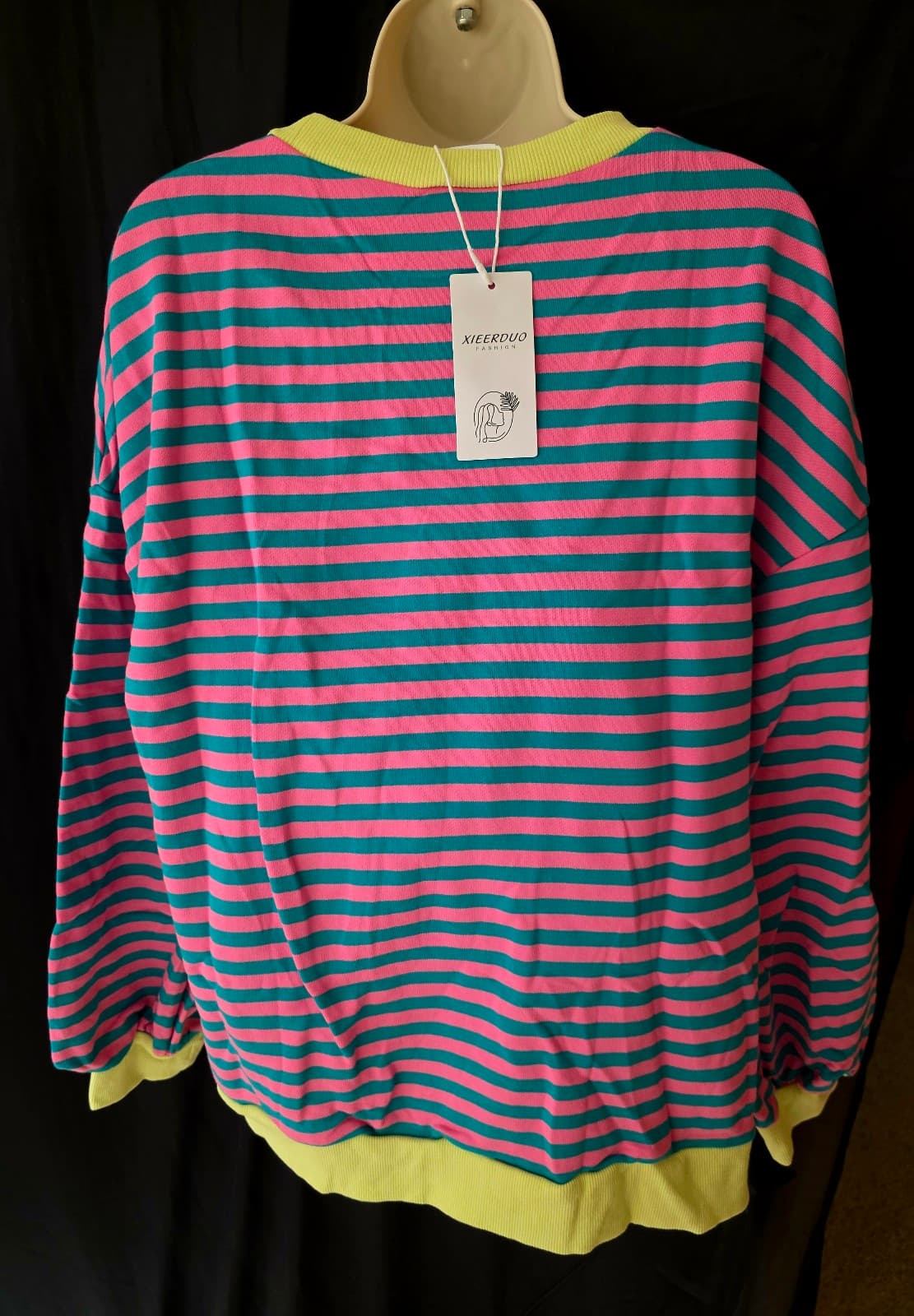 Cali Chic Women Sweatshirt Green Stripe Oversized Contrast Knit Round Pullover - Thumbnail 7