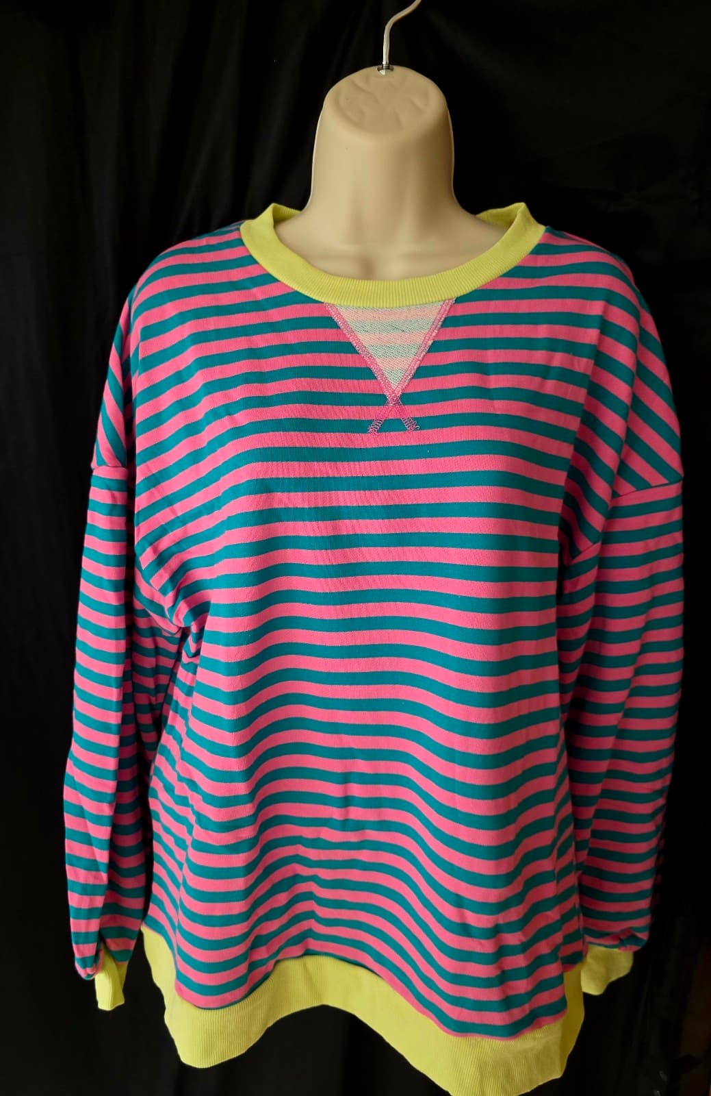 Cali Chic Women Sweatshirt Green Stripe Oversized Contrast Knit Round Pullover - Thumbnail 5