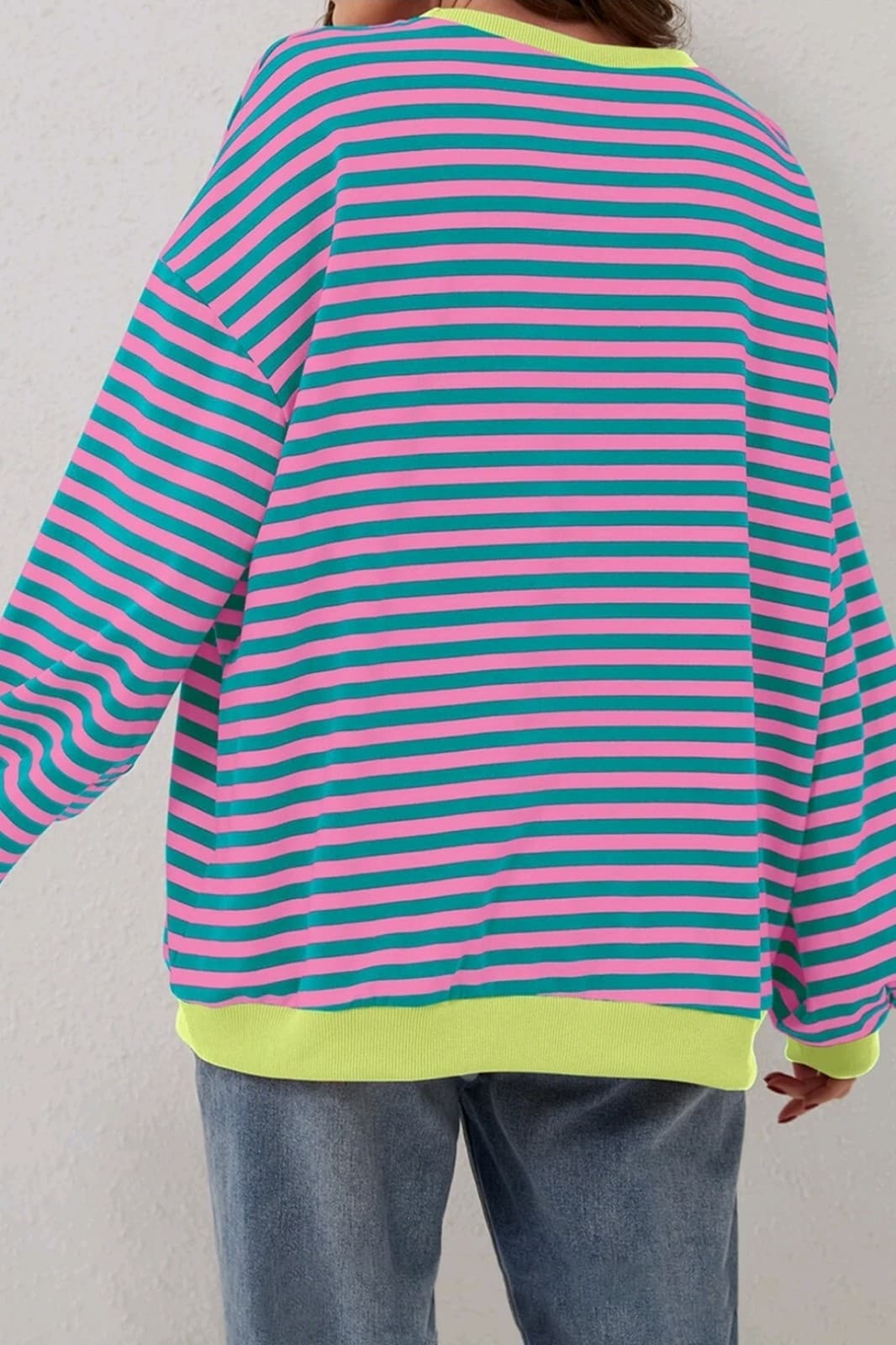 Cali Chic Women Sweatshirt Green Stripe Oversized Contrast Knit Round Pullover - Thumbnail 3