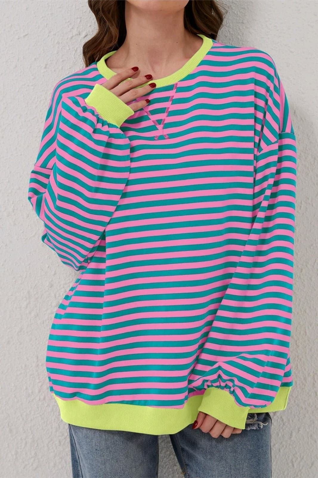 Cali Chic Women Sweatshirt Green Stripe Oversized Contrast Knit Round Pullover - Thumbnail 4