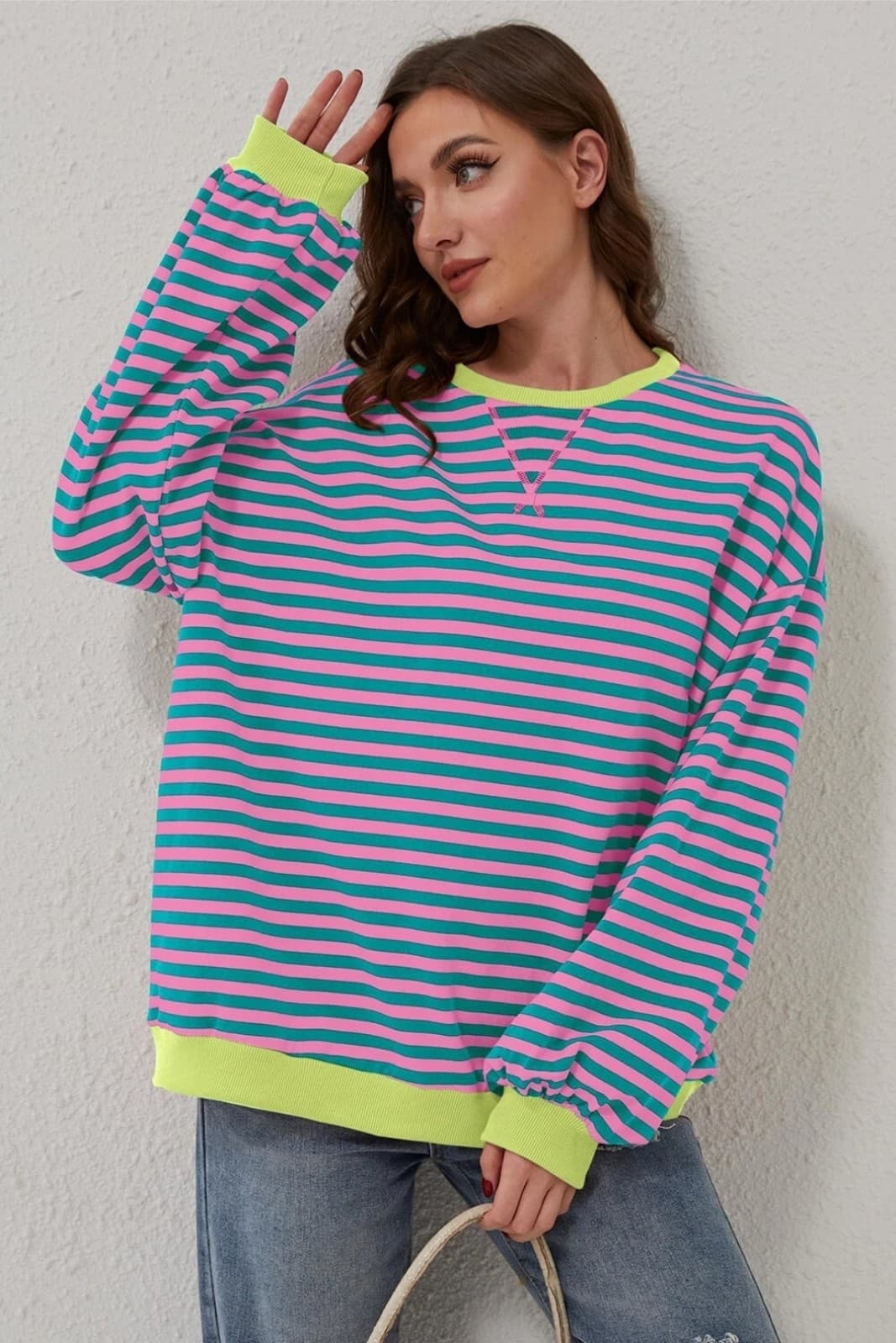 Cali Chic Women Sweatshirt Green Stripe Oversized Contrast Knit Round Pullover - Image 1