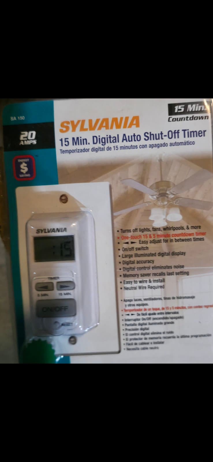 Sylvania Auto Timer SA155 20 Amps 60-Minute Digital Auto Shut Off Timer NEW - Thumbnail 2