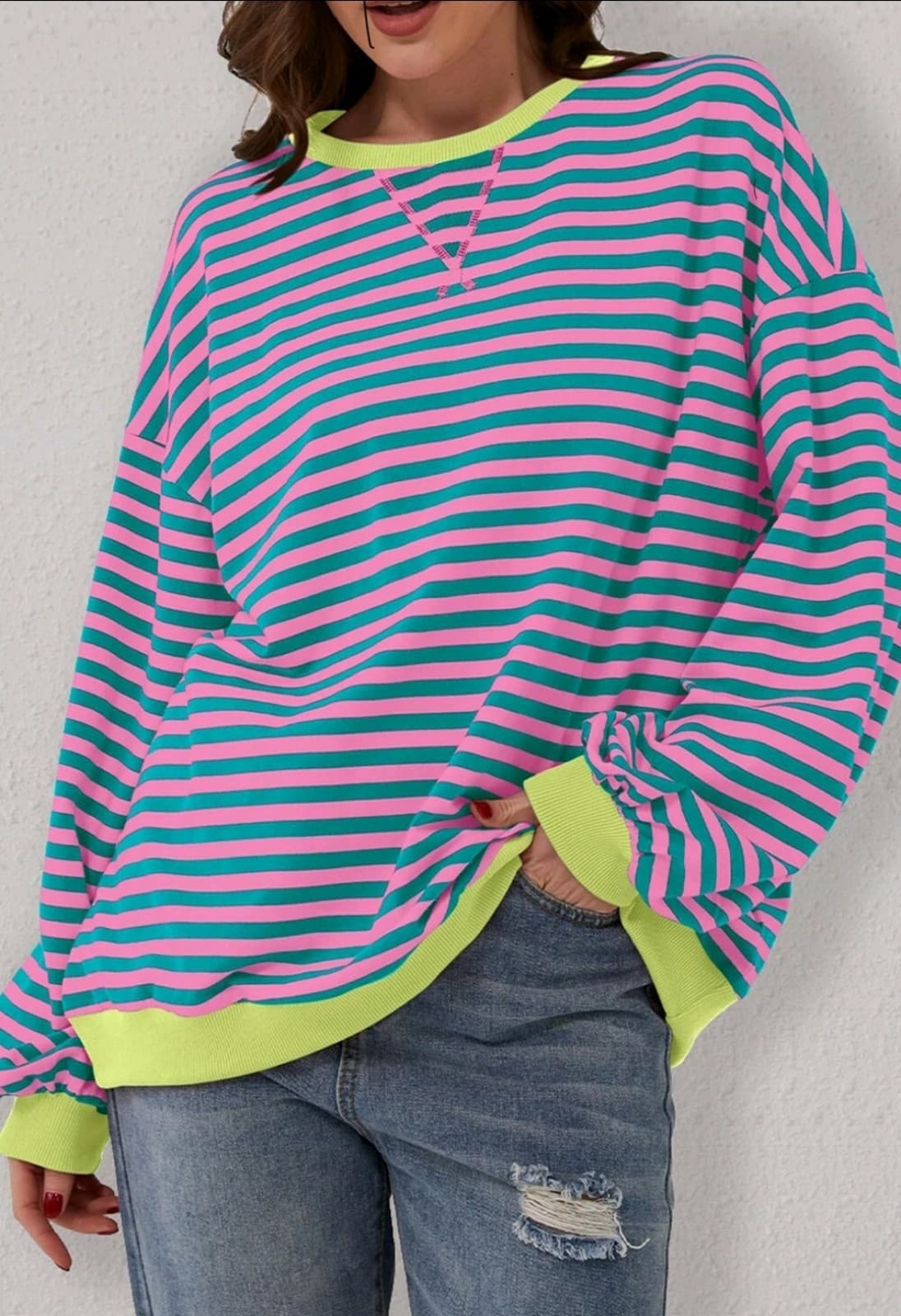 Cali Chic Women Sweatshirt Green Stripe Oversized Contrast Knit Round Pullover - Thumbnail 2