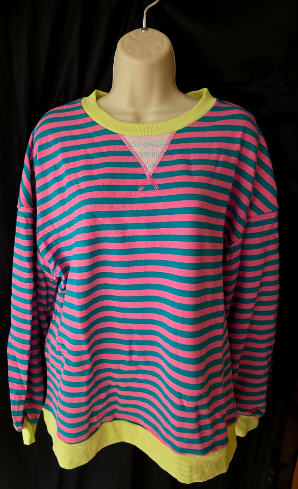 Cali Chic Women Sweatshirt Green Stripe Oversized Contrast Knit Round Pullover - Thumbnail 6