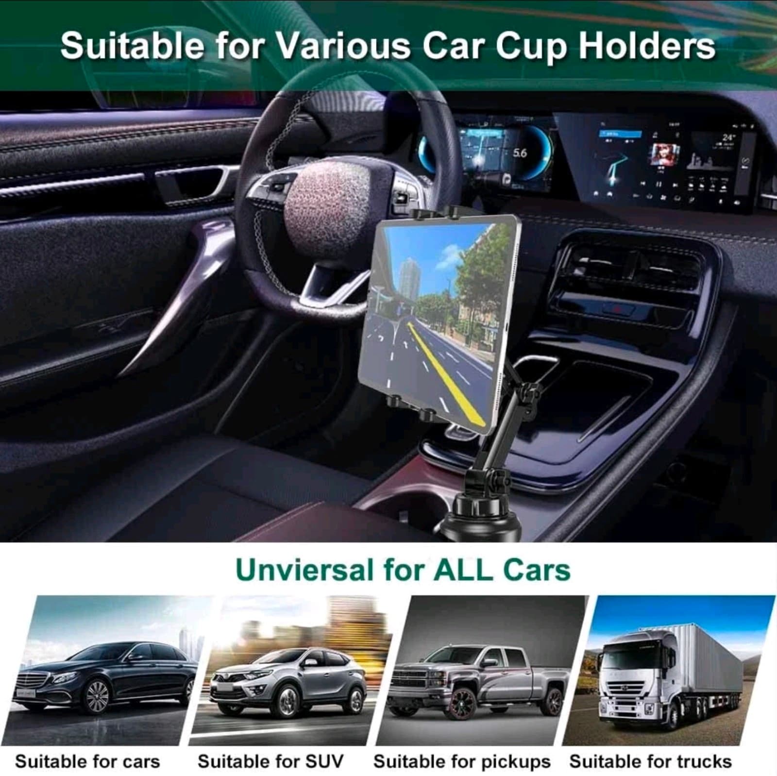 Car Cup Holder Tablet Mount for 4-13" iPad, Phone, Samsung Galaxy, Kindle - Thumbnail 5