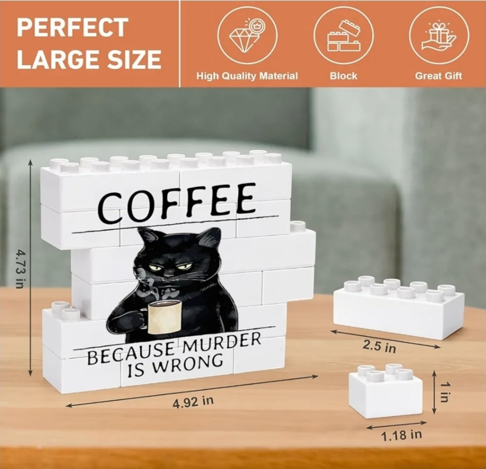 Coffee Cat Sign,Because Murder is Wrong Funny Black Cat Building Blocks Sign - Thumbnail 2
