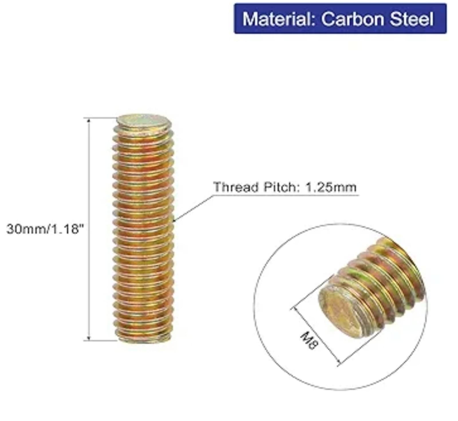 All-Thread, M8-1.25x30mm Carbon Steel Long Thread Screw Right Hand - Thumbnail 2