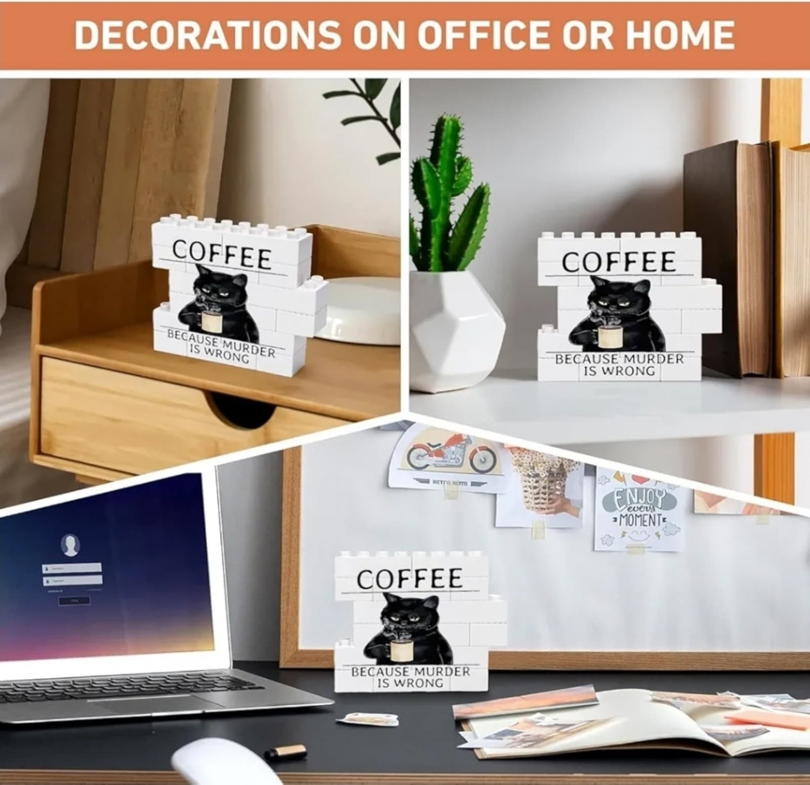 Coffee Cat Sign,Because Murder is Wrong Funny Black Cat Building Blocks Sign - Thumbnail 3