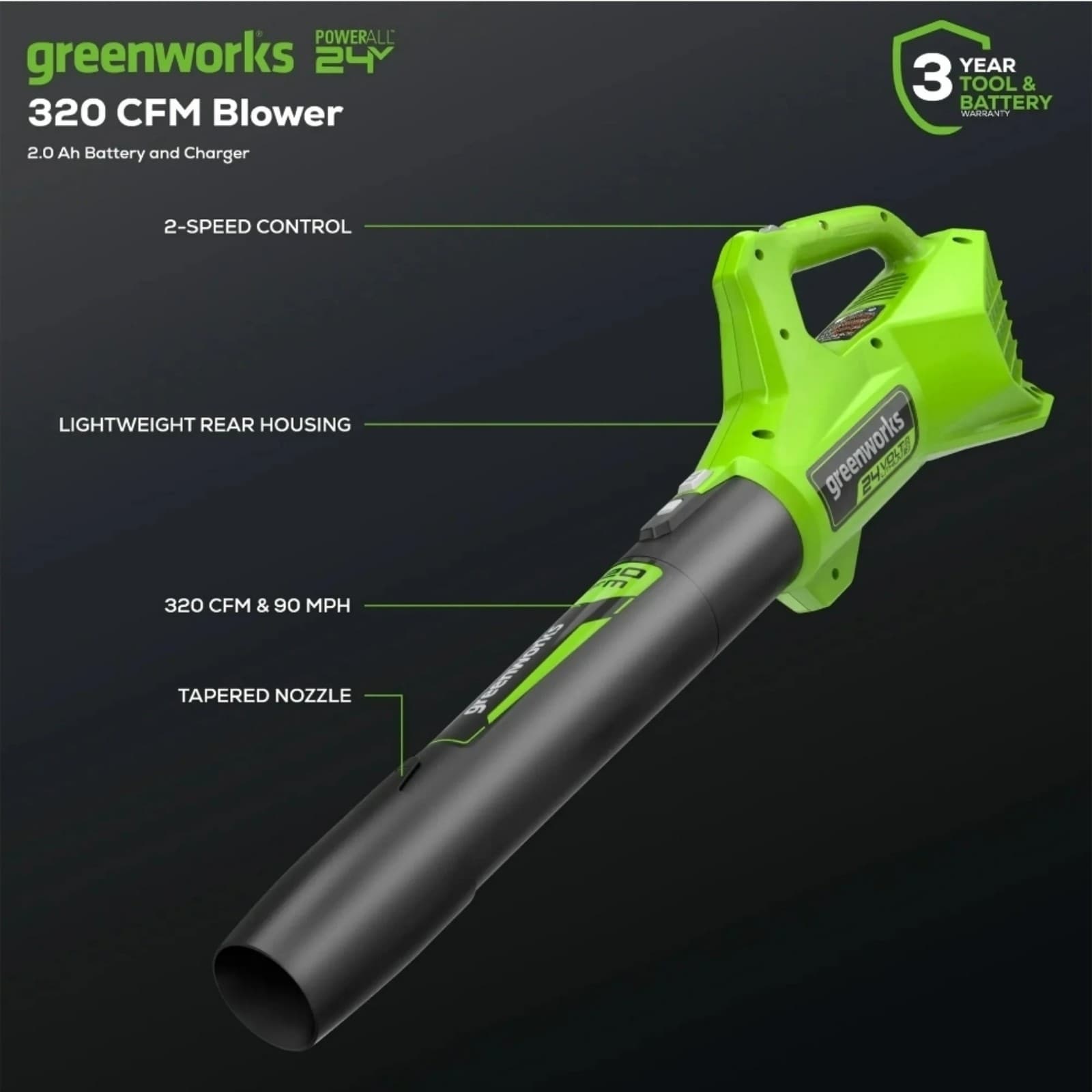 Greenworks 24V Cordless Axial Blower (90 Mph / 320 Cfm) with 2Ah USB Battery - Thumbnail 2