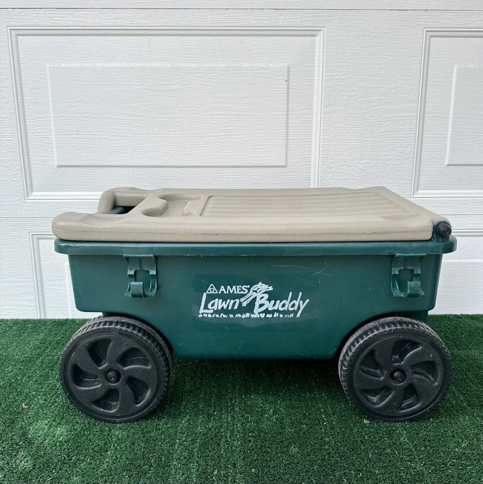 Lawn Buddy Rolling 4 Wheeled Storage Cart w/Flip Up Lid / Seat Green - Image 1