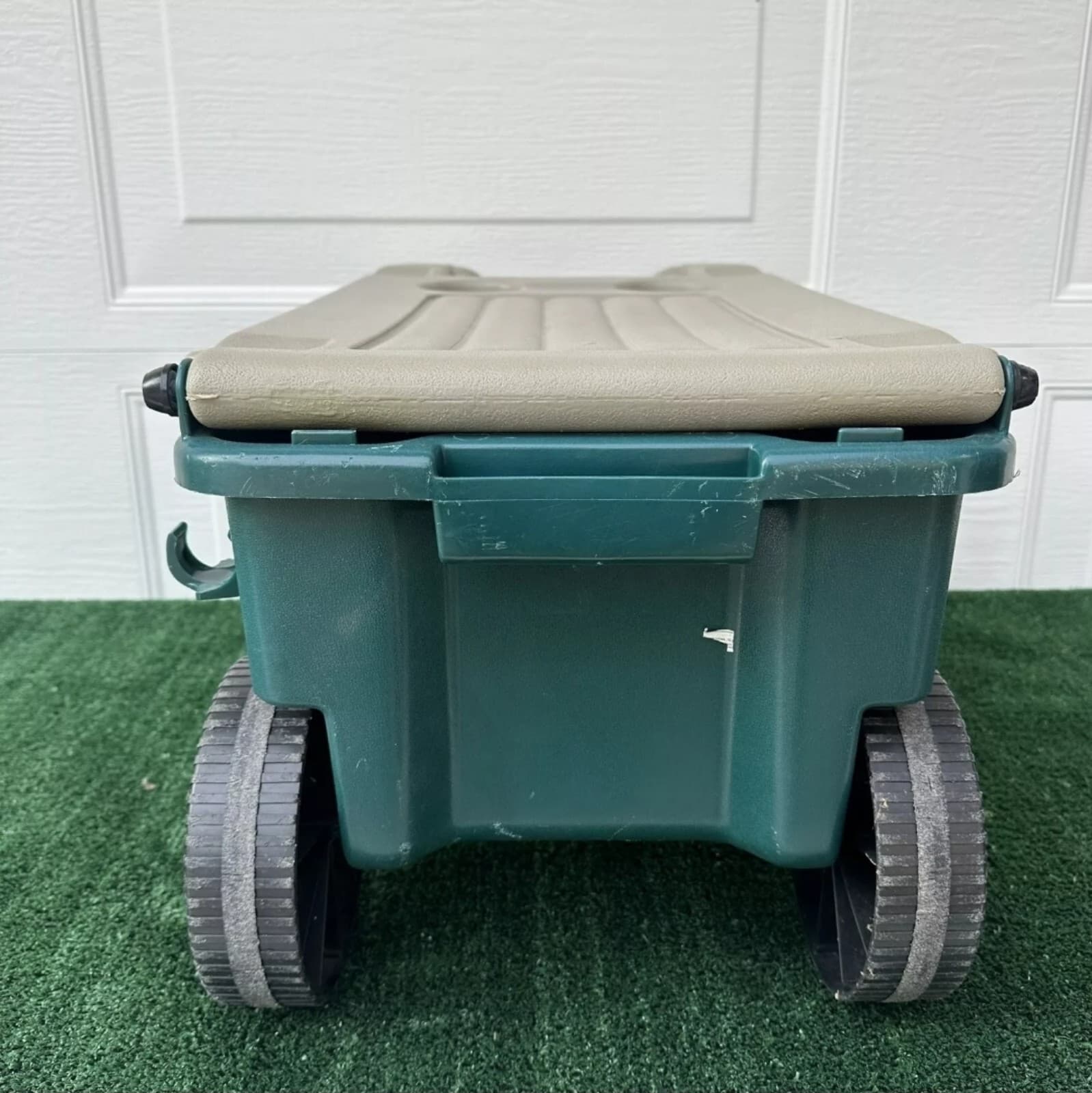 Lawn Buddy Rolling 4 Wheeled Storage Cart w/Flip Up Lid / Seat Green - Thumbnail 2