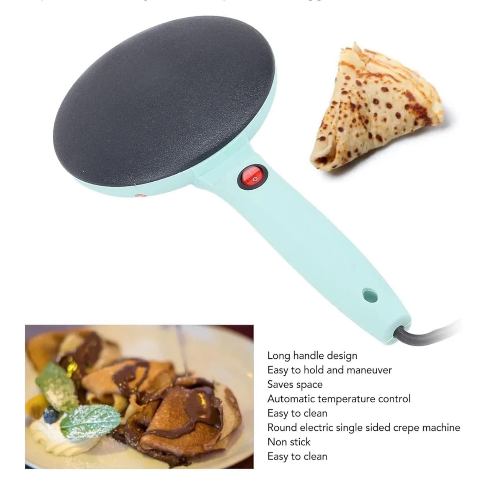 Electric Crepe Maker, 8 Inch Portable Crepe Maker Machine with Long Handle, Auto - Thumbnail 2