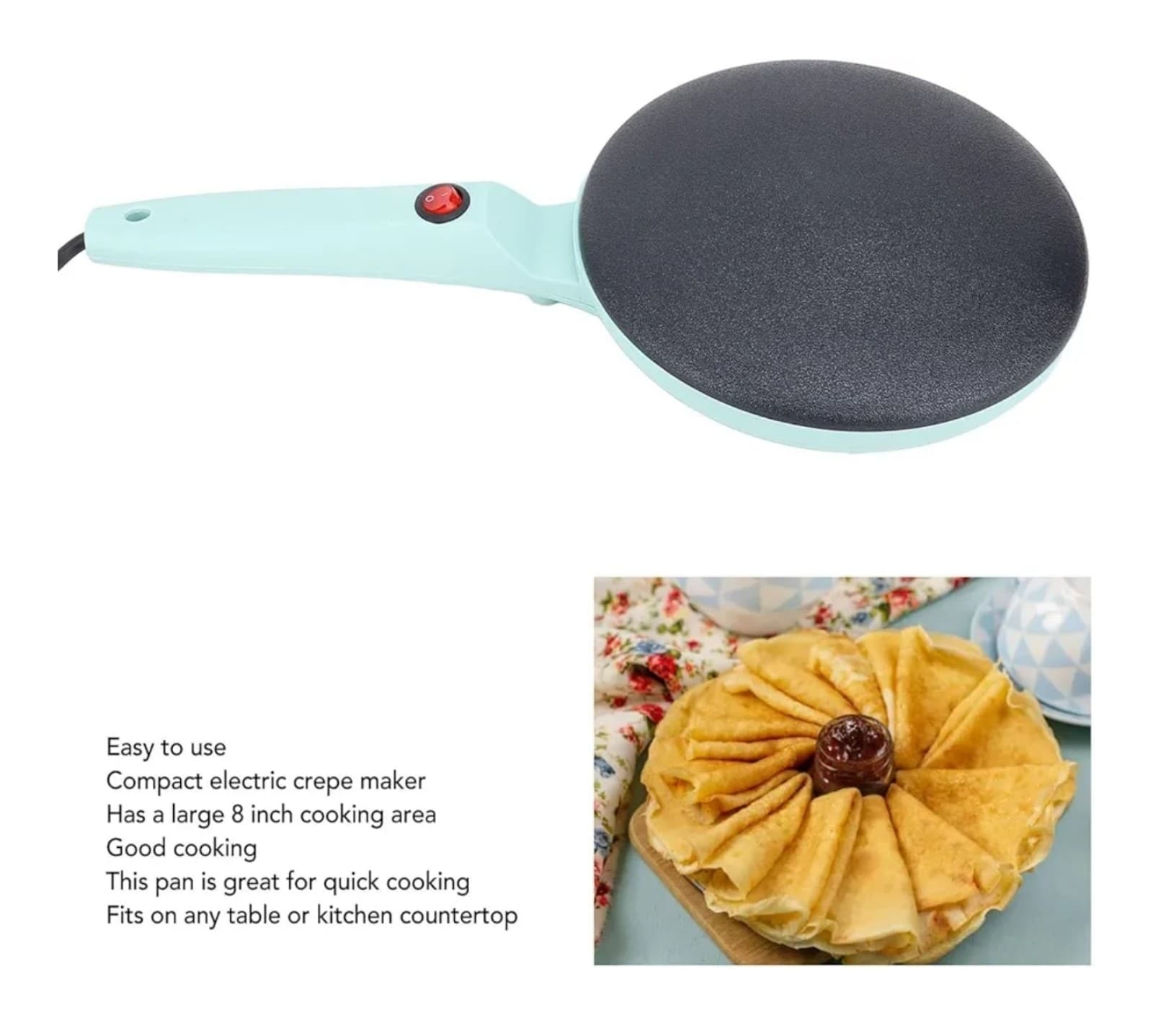 Electric Crepe Maker, 8 Inch Portable Crepe Maker Machine with Long Handle, Auto - Thumbnail 3