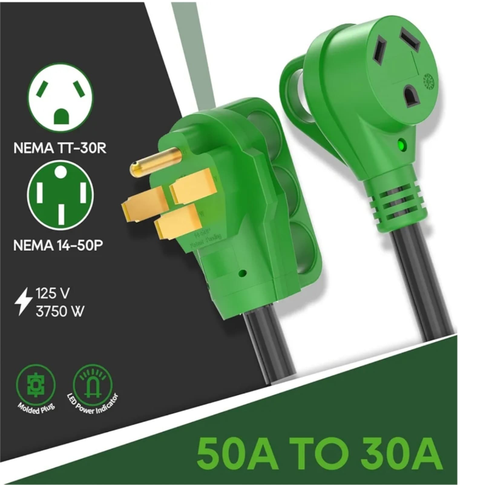 50 Amp to 30 Amp RV Adapter Cord 12 Inch, NEMA 14-50P to NEMA TT-30R, Dogbone - Thumbnail 3