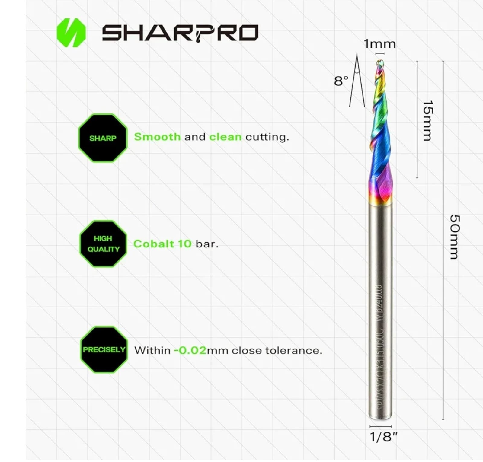 Ball Nose End Mill 1/8” Shank 8 Deg 1mm Tip Quark Smooth Coated Carbide CNC - Thumbnail 2