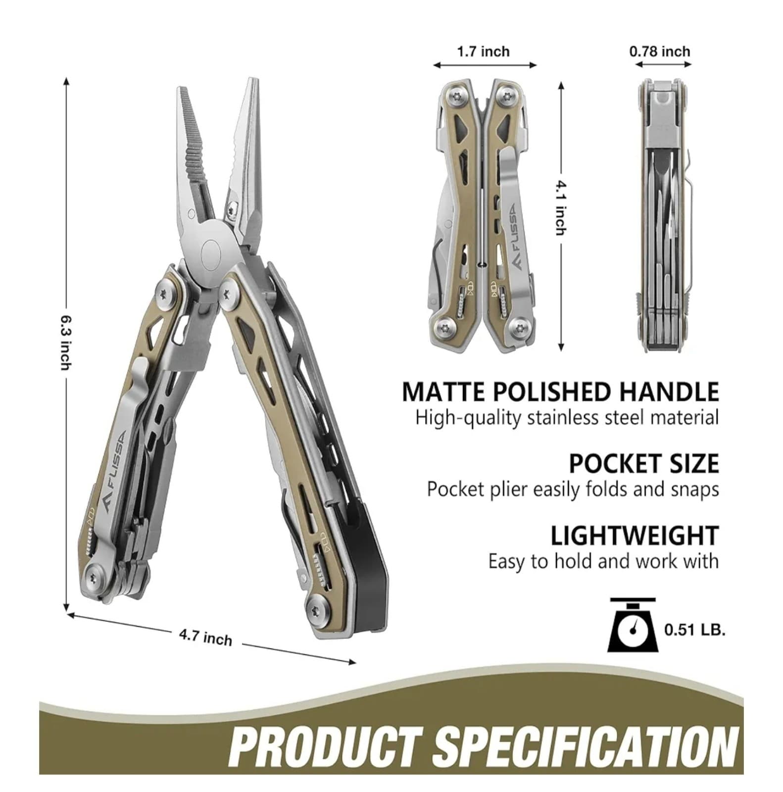 Multi Tool Pliers, Desert Tan 16 in 1 Stainless Steel Multipurpose tool with Tac - Thumbnail 2