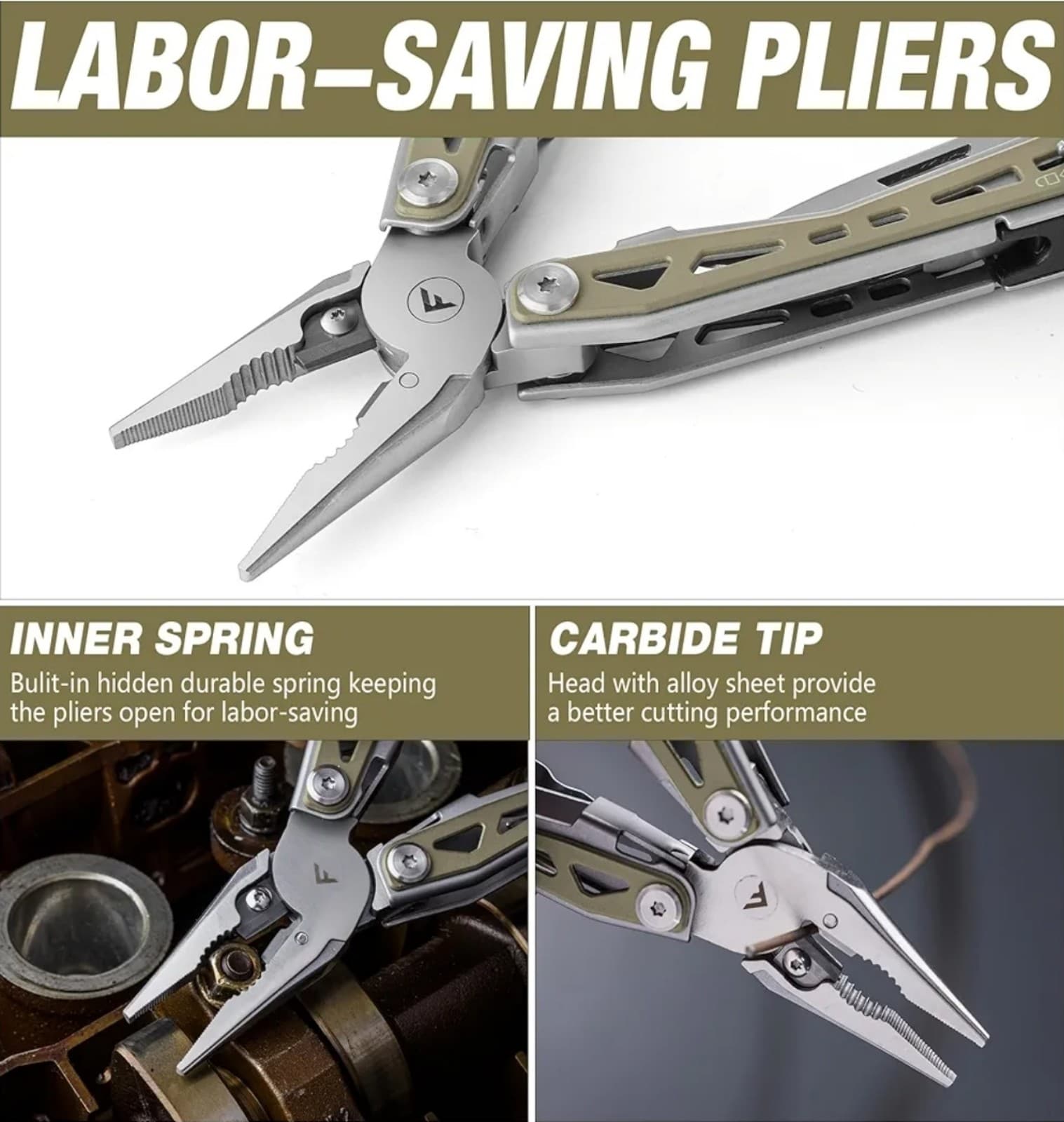 Multi Tool Pliers, Desert Tan 16 in 1 Stainless Steel Multipurpose tool with Tac - Thumbnail 7