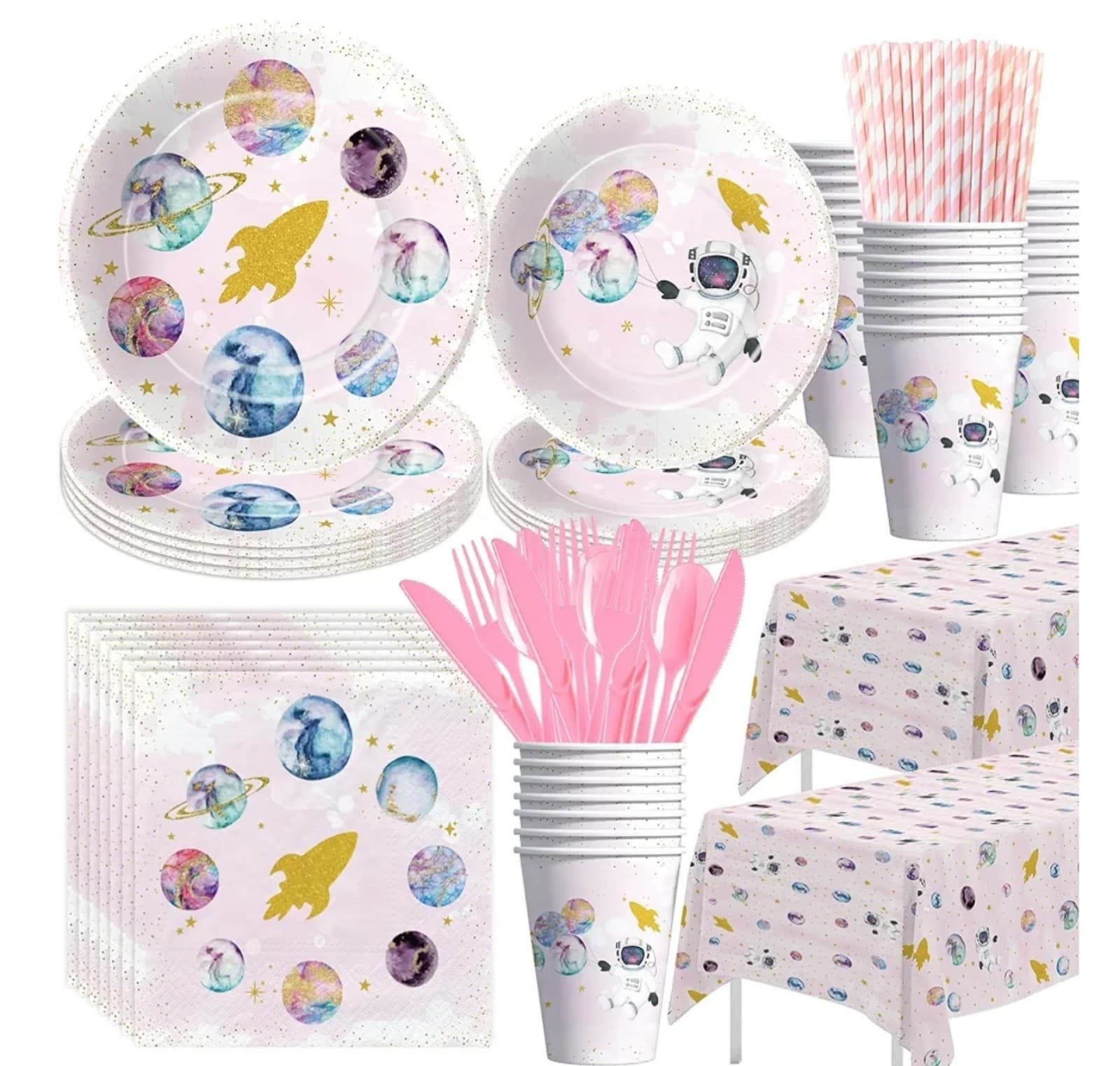 Space Theme Girls Party Supplies, Galaxy Outer Space Planet Astronauts Theme - Image 1