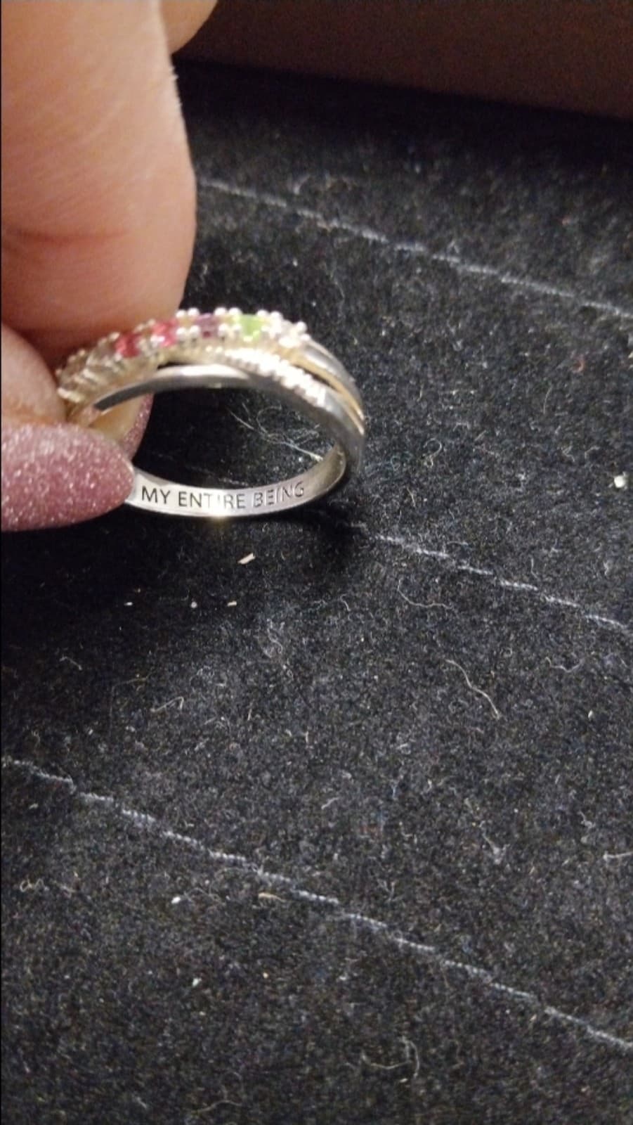 Woman's Size 9 ring with colored Prescious Stones - Inscription =My Entire Being - Thumbnail 2