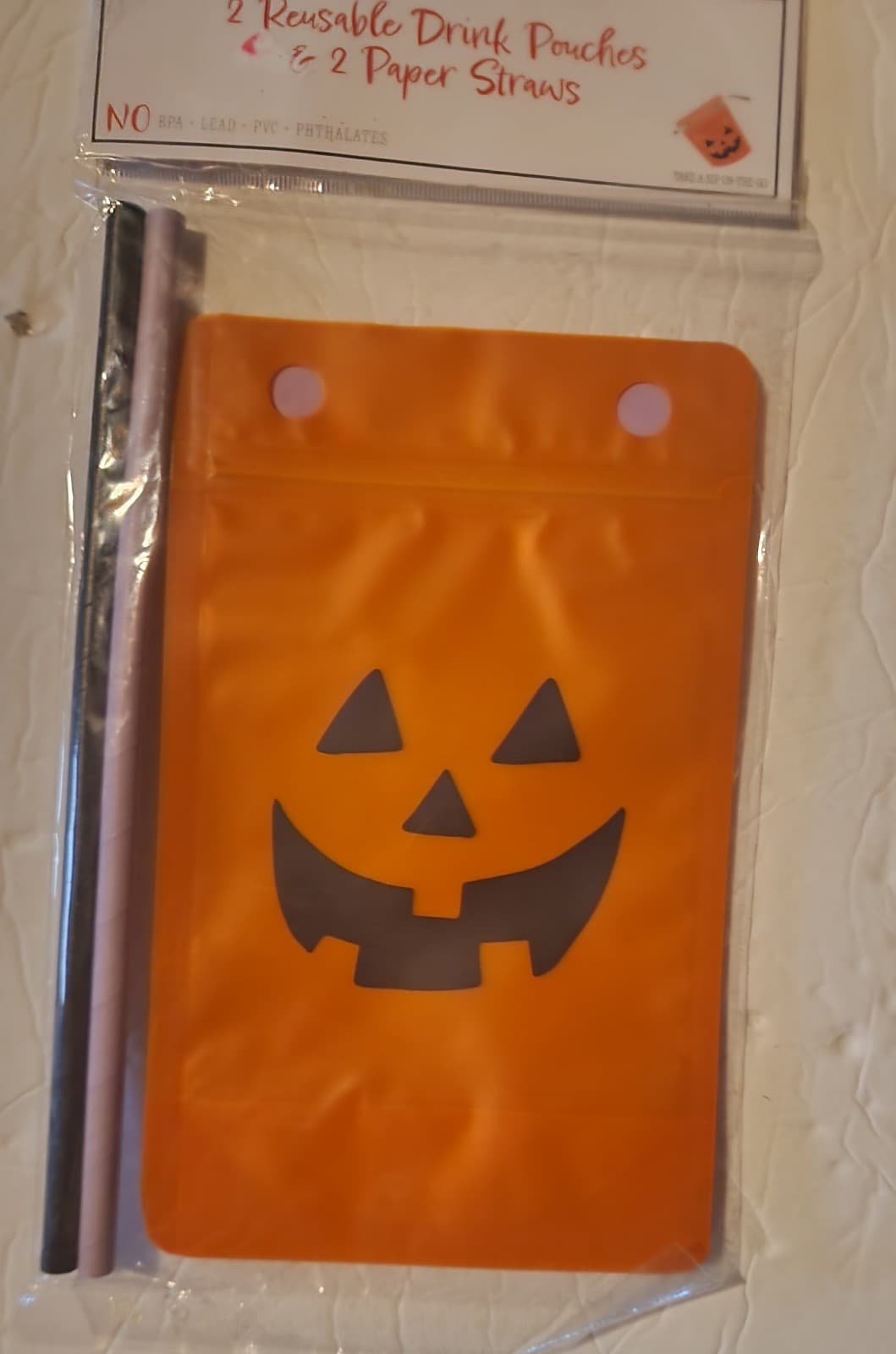 Halloween Drink Pouches - Reusable with Paper Straws 2pk - Thumbnail 3