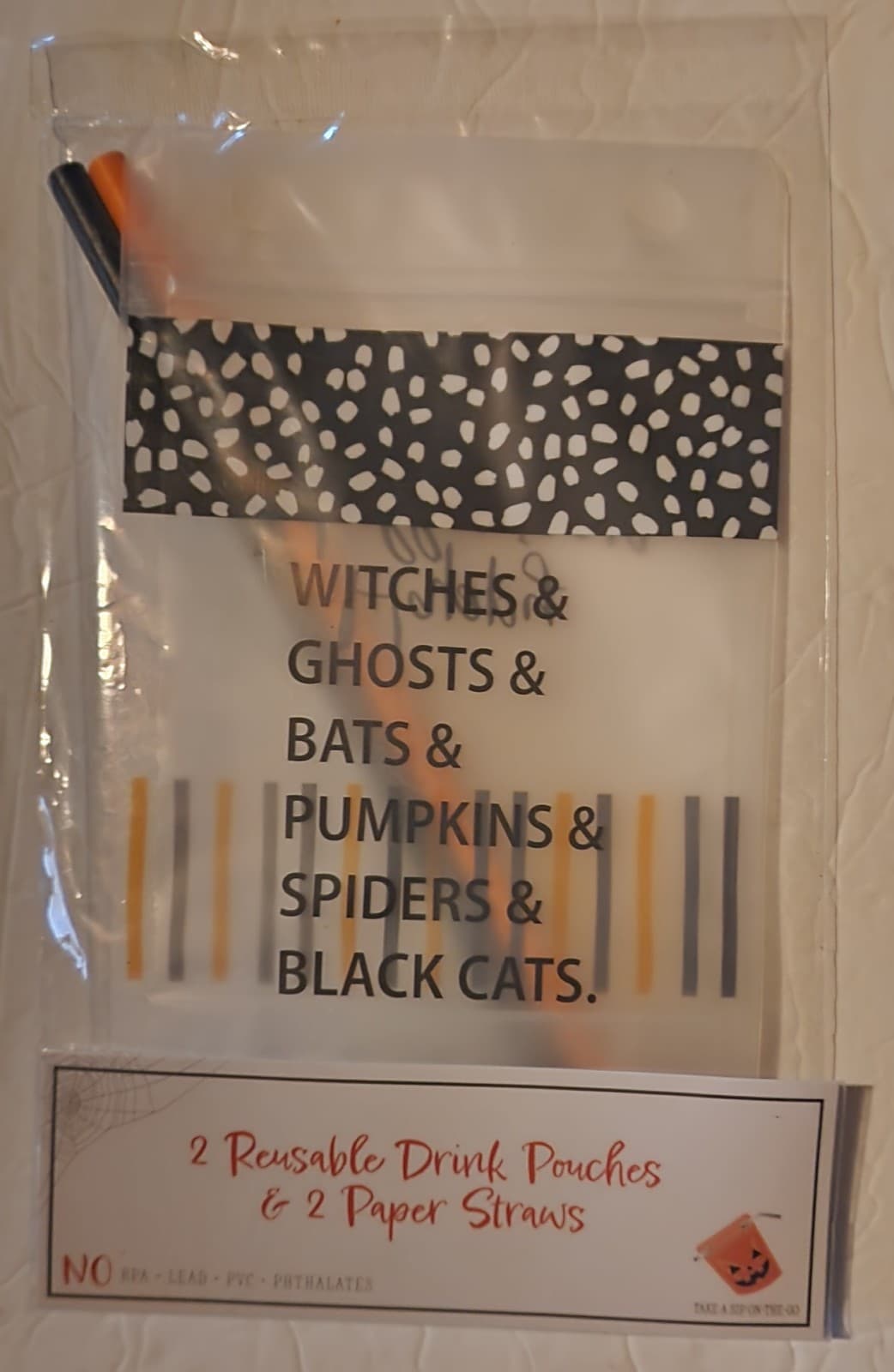Halloween Drink Pouches - Reusable with Paper Straws 2pk - Thumbnail 2
