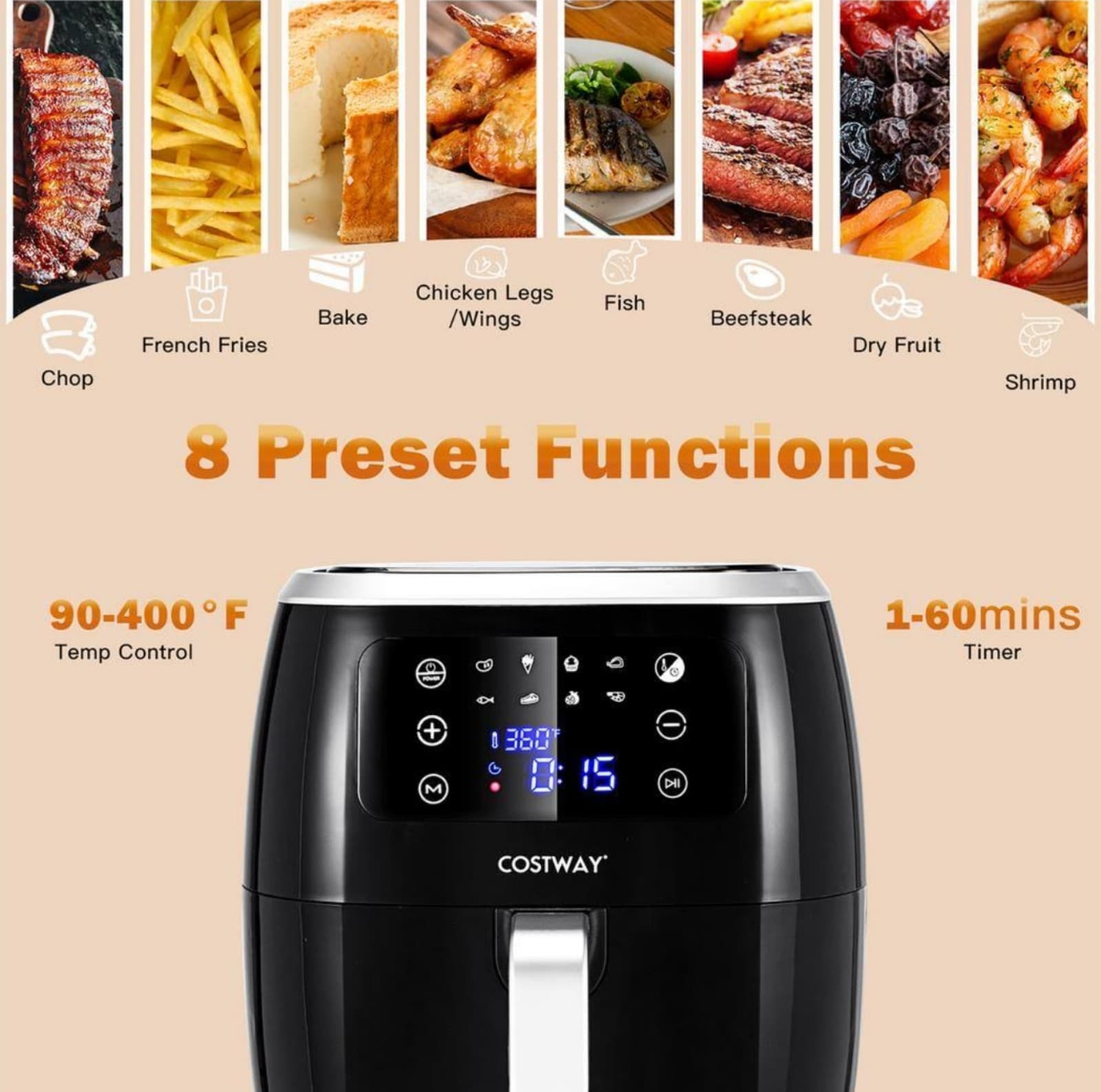 Costway Air Fryer with 8-Preset Functions and Smart Touch - Thumbnail 3