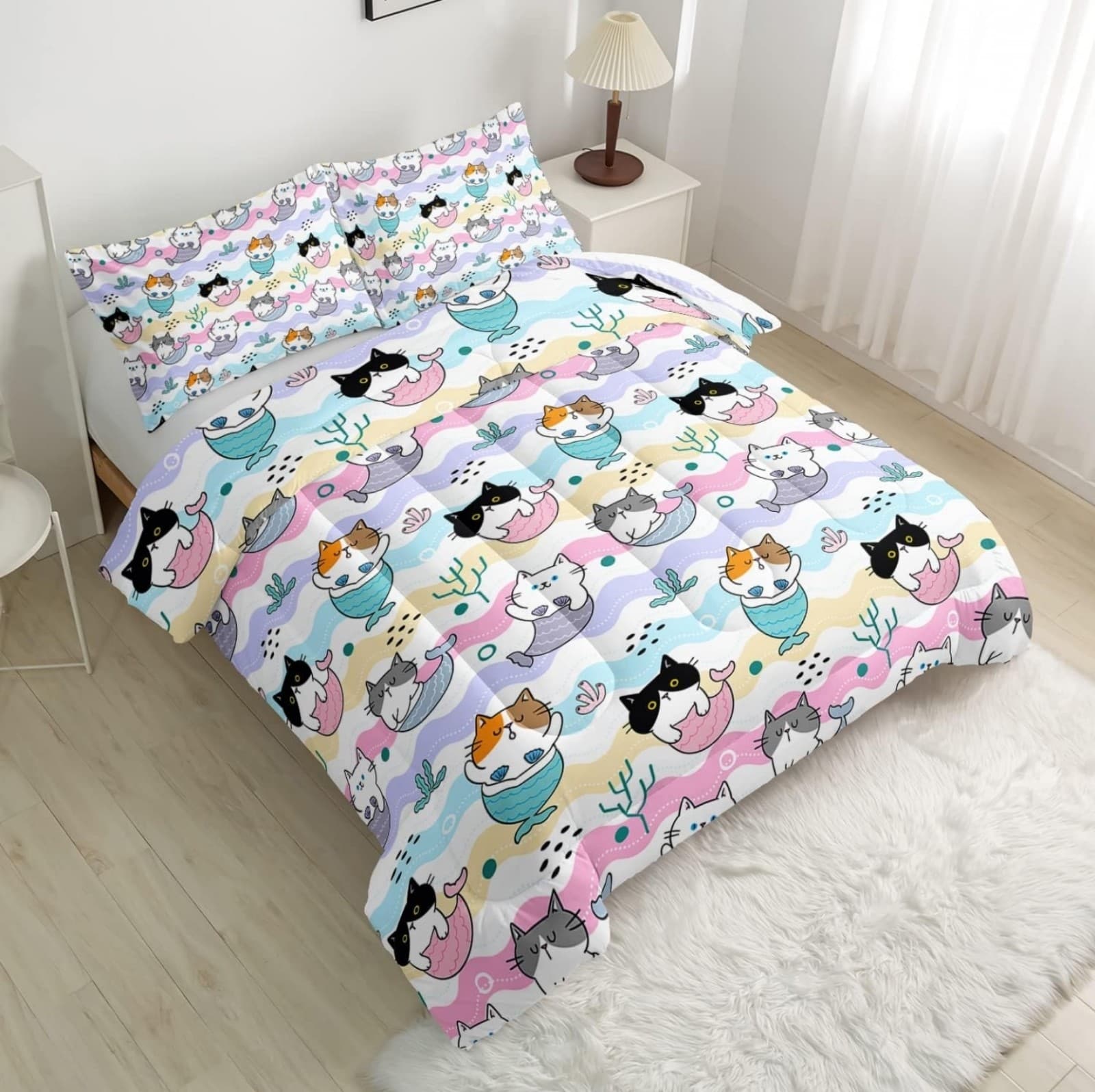 Kawaii Cat Comforter Set Twin Size,Kawaii Cute Cartoon Bedding for Kids - Thumbnail 2
