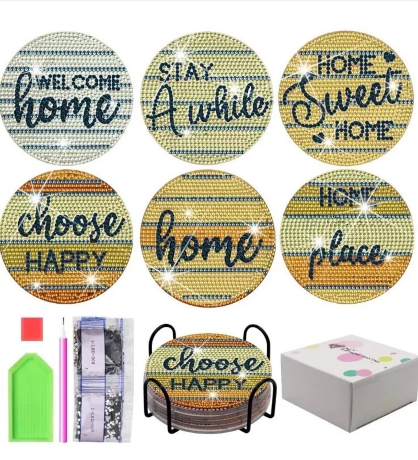 Diamond Painting Coasters with Holder & Packing Boxes 6pcs - Image 1