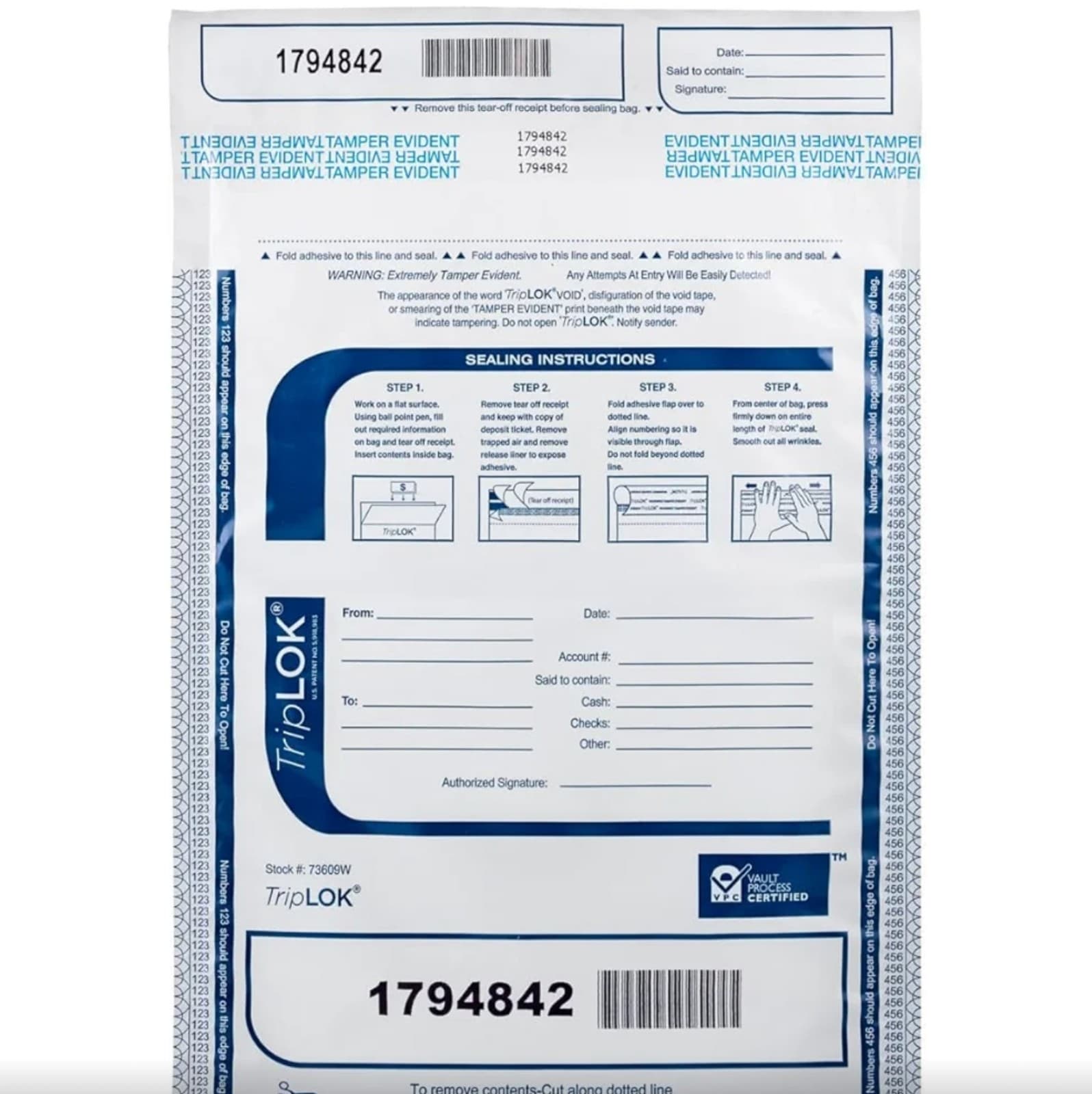 ControlTek TripLok 9" x 12", White with Pocket, 100 Bags, Tamper-Evident Deposit - Image 1