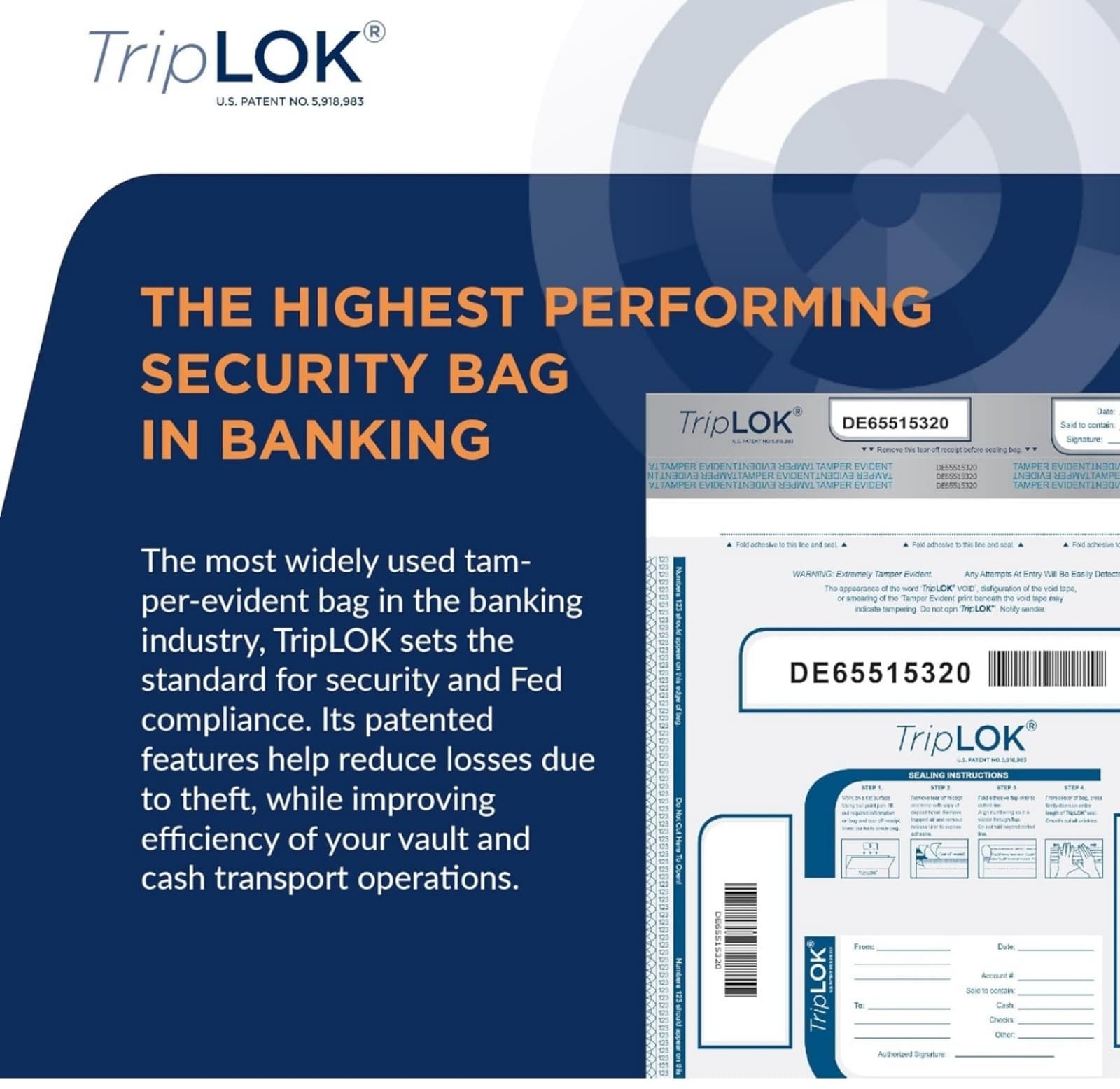 ControlTek TripLok 9" x 12", White with Pocket, 100 Bags, Tamper-Evident Deposit - Thumbnail 3