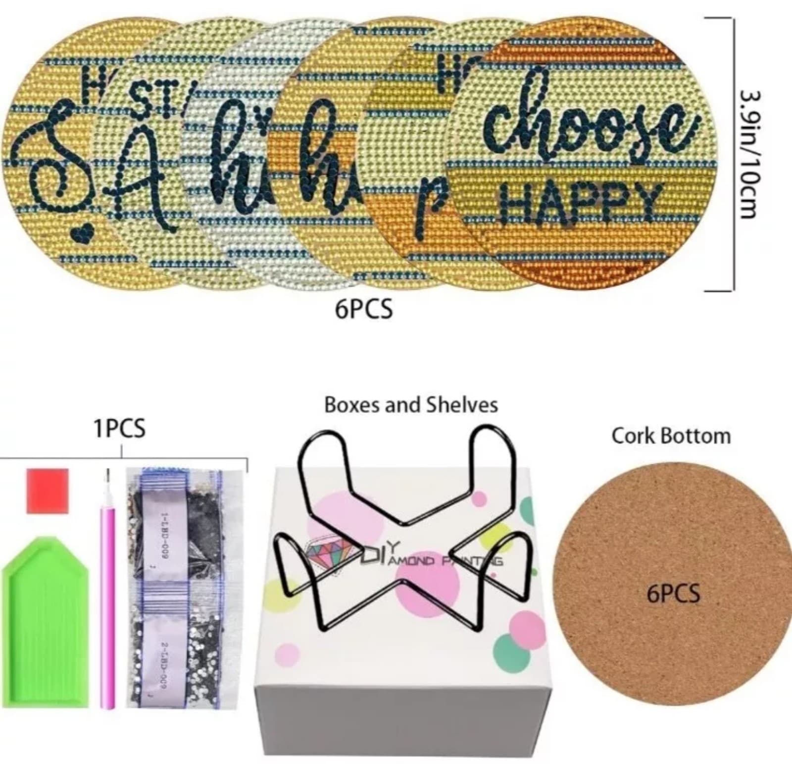 Diamond Painting Coasters with Holder & Packing Boxes 6pcs - Thumbnail 2