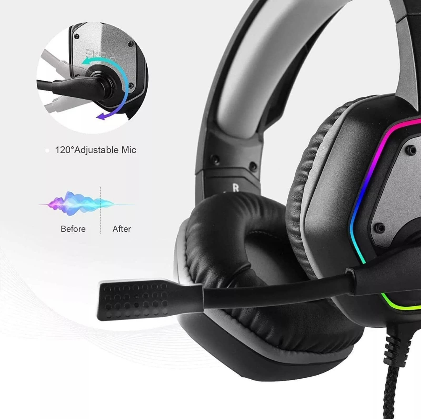 EKSA E1000 USB Gaming Headset for PC PS4 PS5/Headphone Noise Cancelling RGB Ligh - Thumbnail 2