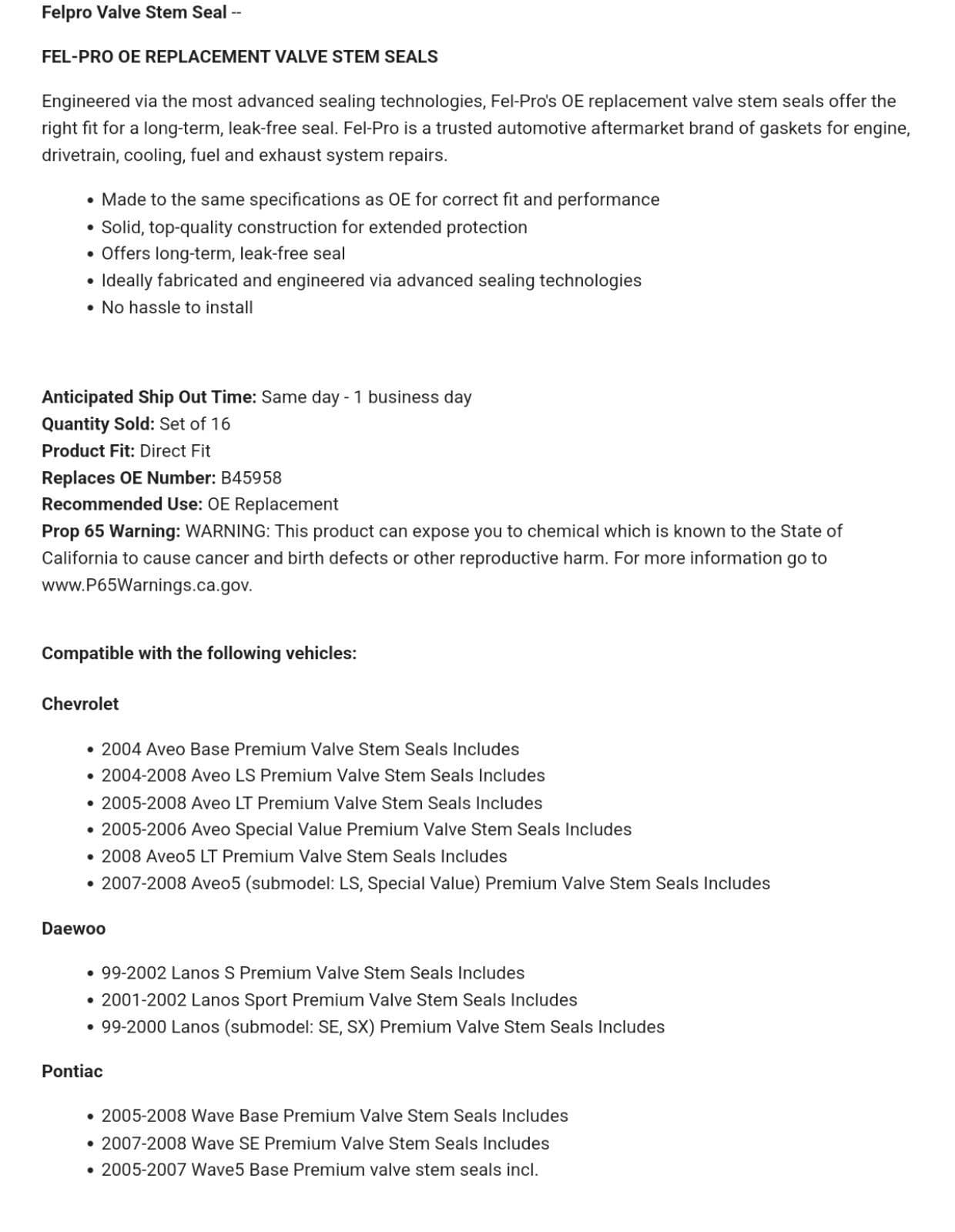 SS 72924 Felpro Valve Stem Seals Set of 8 for Chevy Chevrolet Aveo Aveo5 Lanos - Thumbnail 3