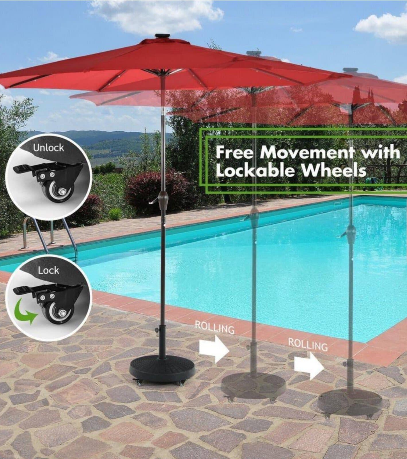 Resin Patio Umbrella Base in Black with Wheels - Thumbnail 6