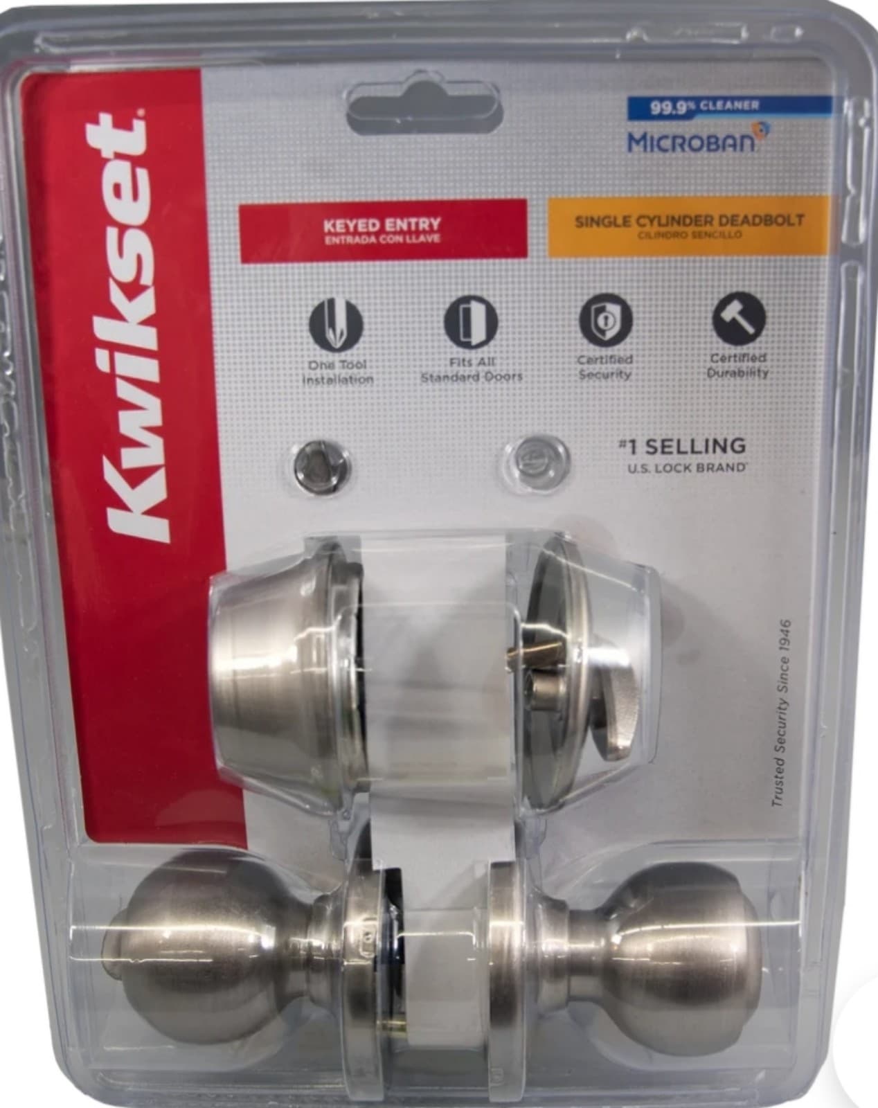 Kwikset Single-cylinder Deadbolt Keyed Entry Door Knob Satin Nickel - Image 1